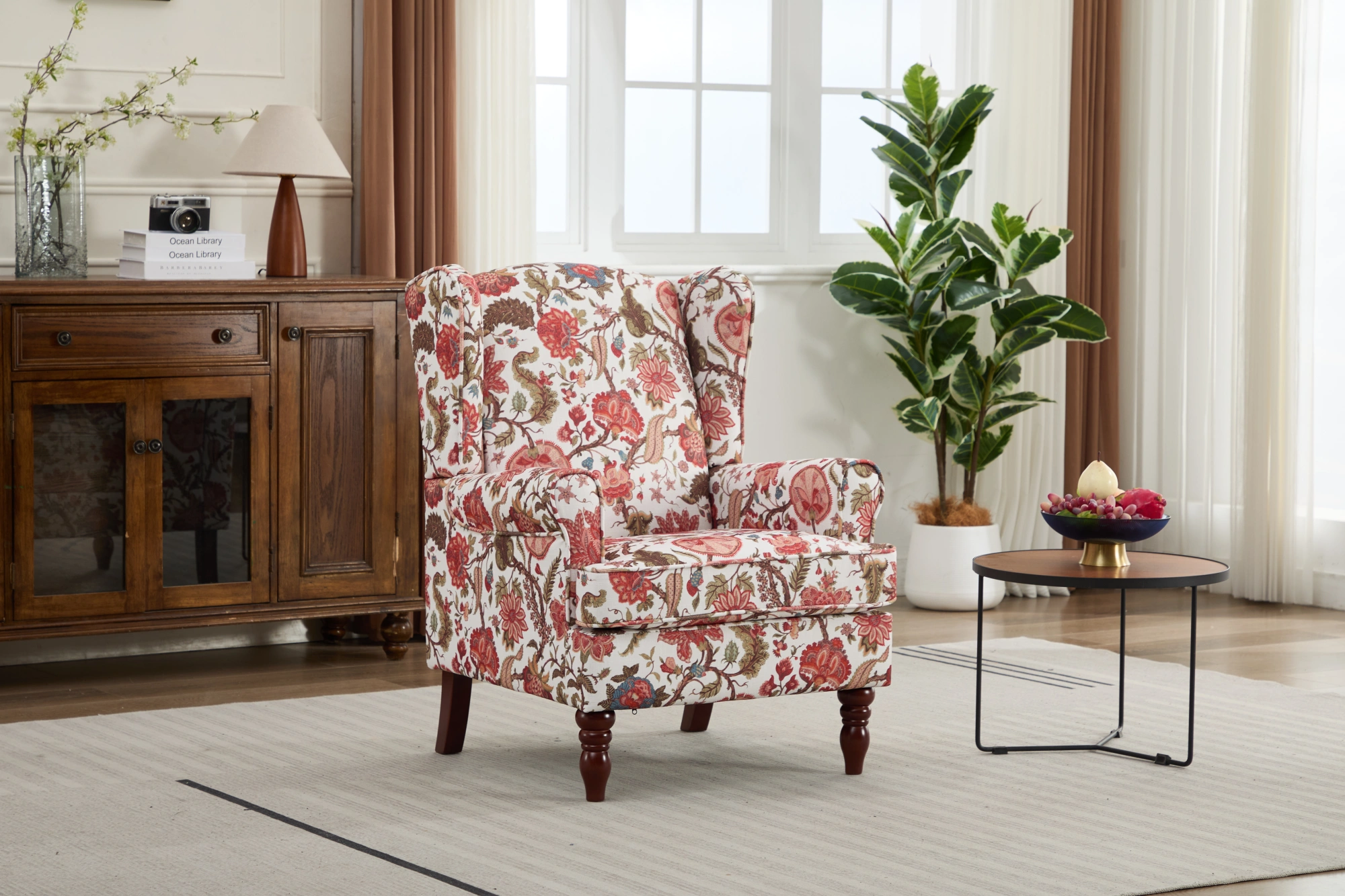 Modern Accent Chair with Retro Wood Legs, Comfy Upholstered Armchair, Floral Design Single Sofa Chair for Living Room Bedroom Office - Floral Red view 8