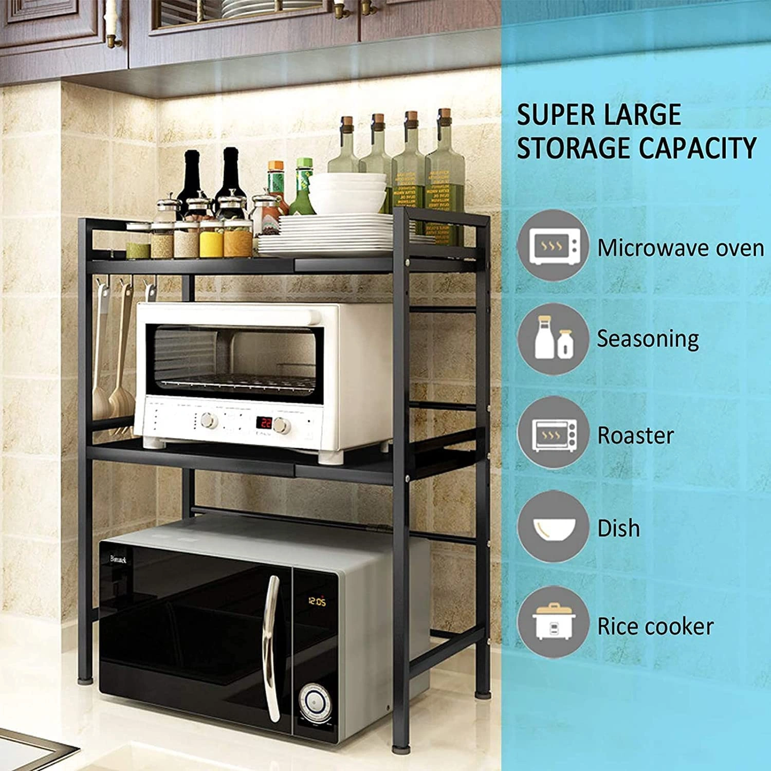 3-Tier Expandable Microwave Oven Rack Stand, Adjustable Kitchen Counter Corner Shelf Storage