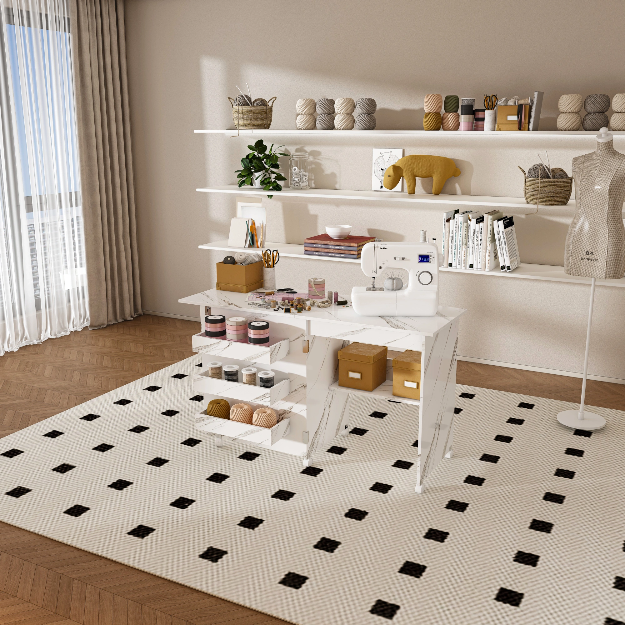 4-in-1 Folding Sewing Table with Lockable Wheels, White Rolling Craft Station End Table & Computer Desk with Storage Shelves for Apartments view 11