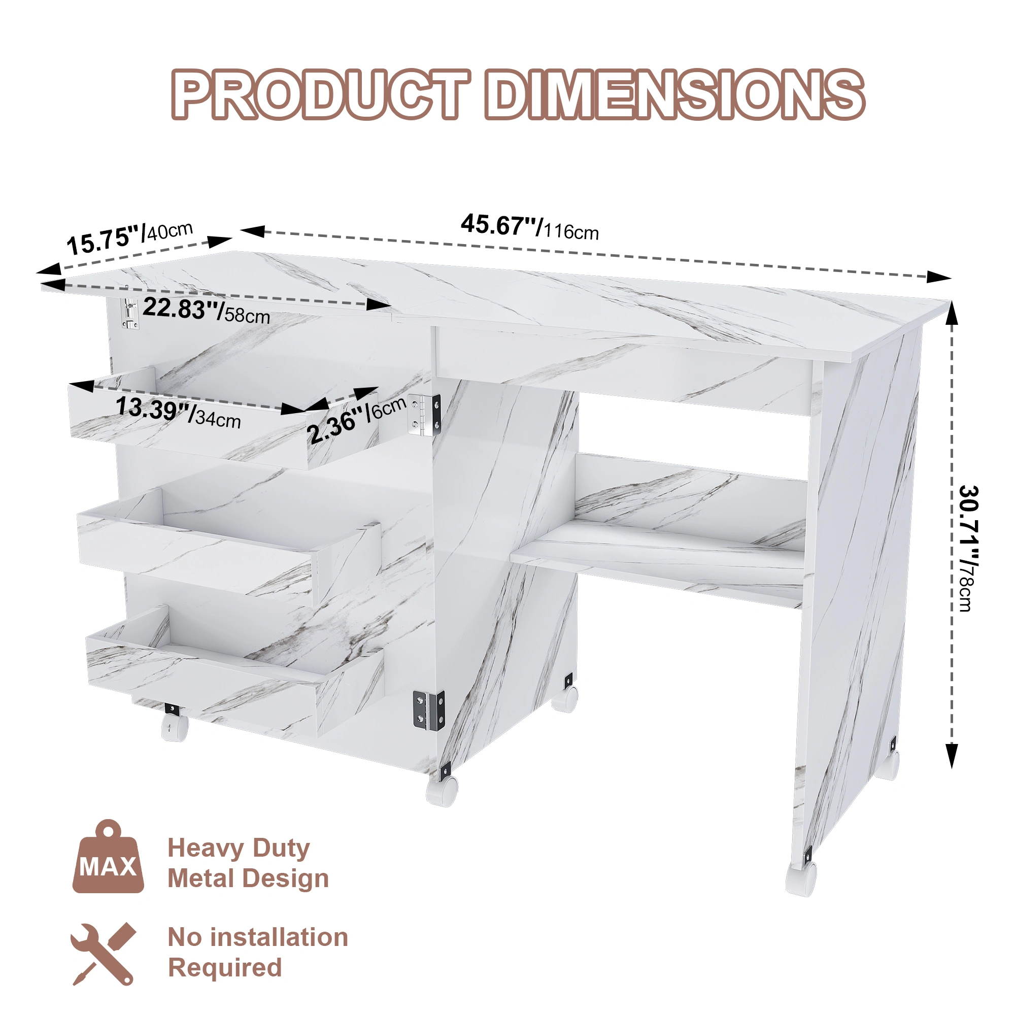 4-in-1 Folding Sewing Table with Lockable Wheels, White Rolling Craft Station End Table & Computer Desk with Storage Shelves for Apartments view 13
