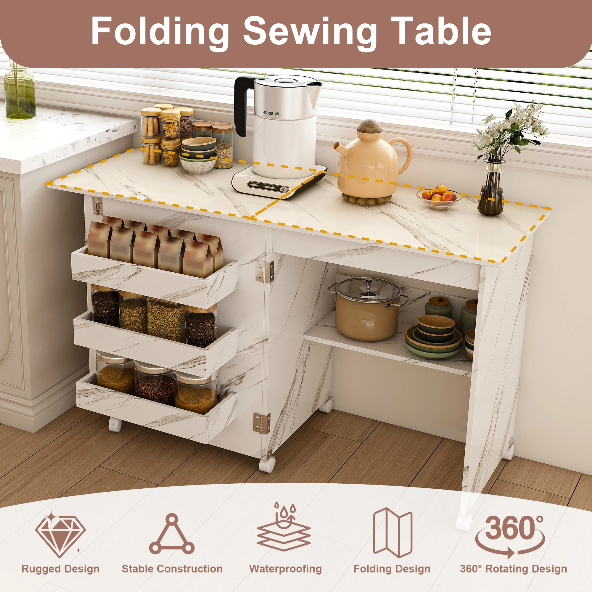 4-in-1 Folding Sewing Table with Lockable Wheels, White Rolling Craft Station End Table & Computer Desk with Storage Shelves for Apartments view 16