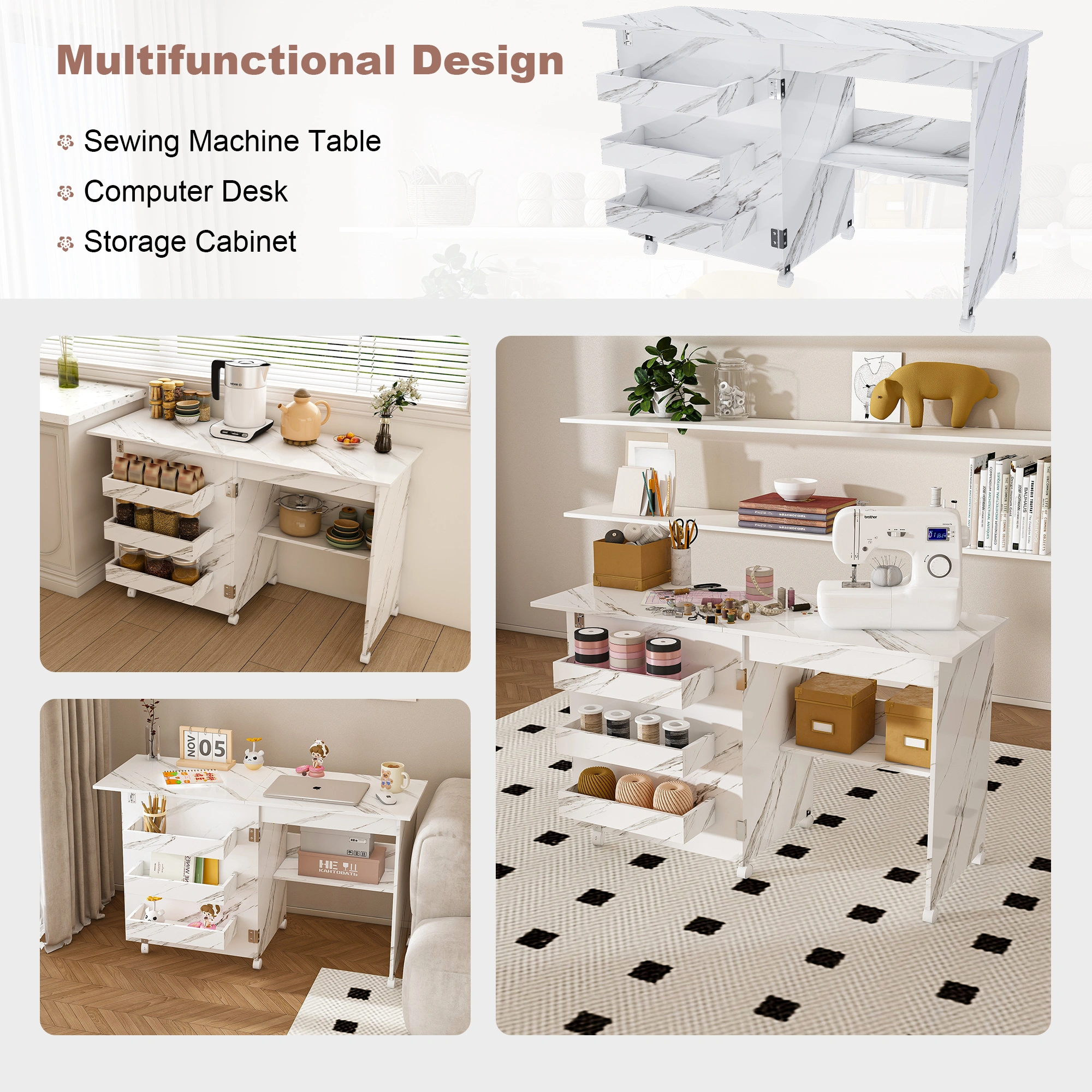 4-in-1 Folding Sewing Table with Lockable Wheels, White Rolling Craft Station End Table & Computer Desk with Storage Shelves for Apartments view 17
