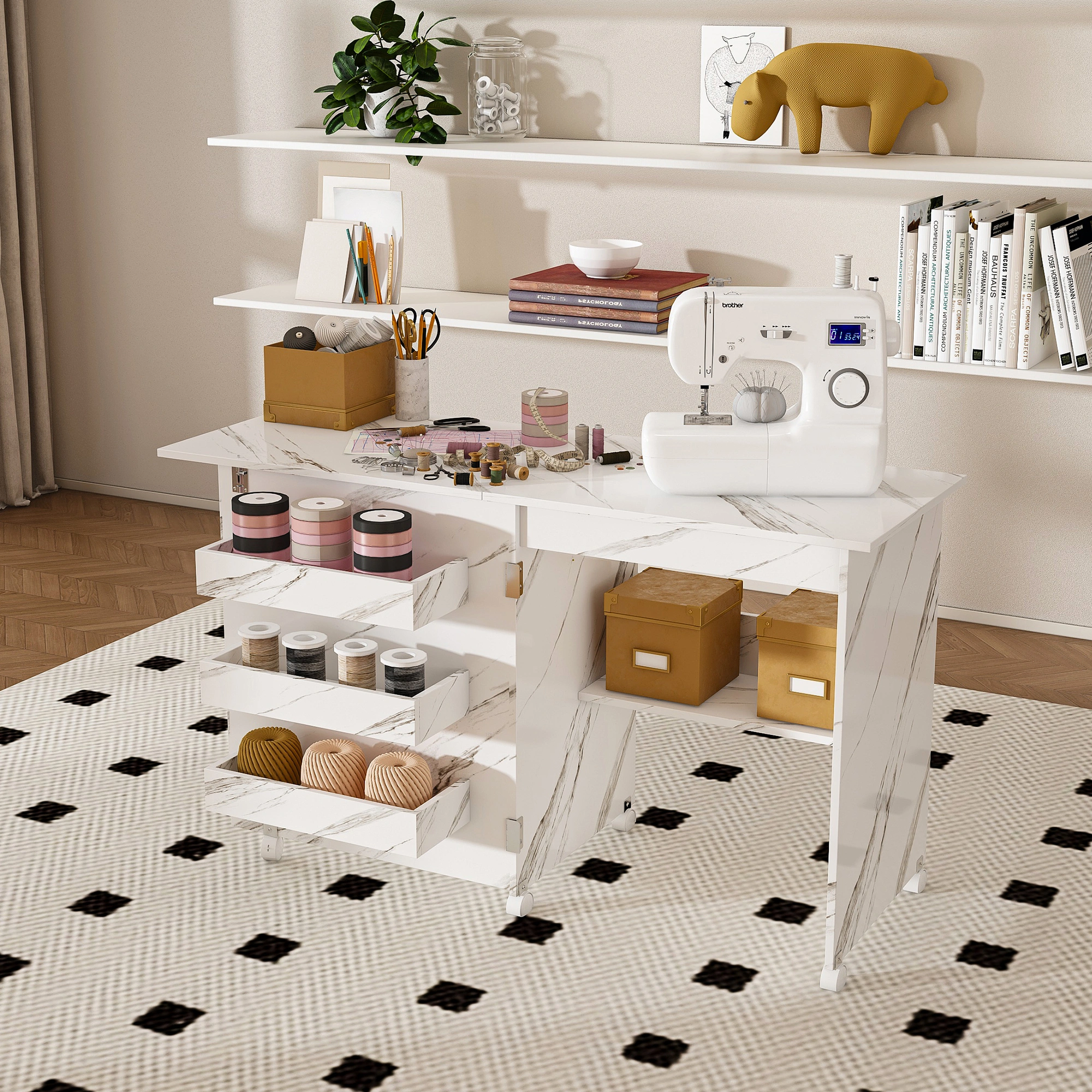 4-in-1 Folding Sewing Table with Lockable Wheels, White Rolling Craft Station End Table & Computer Desk with Storage Shelves for Apartments view 3