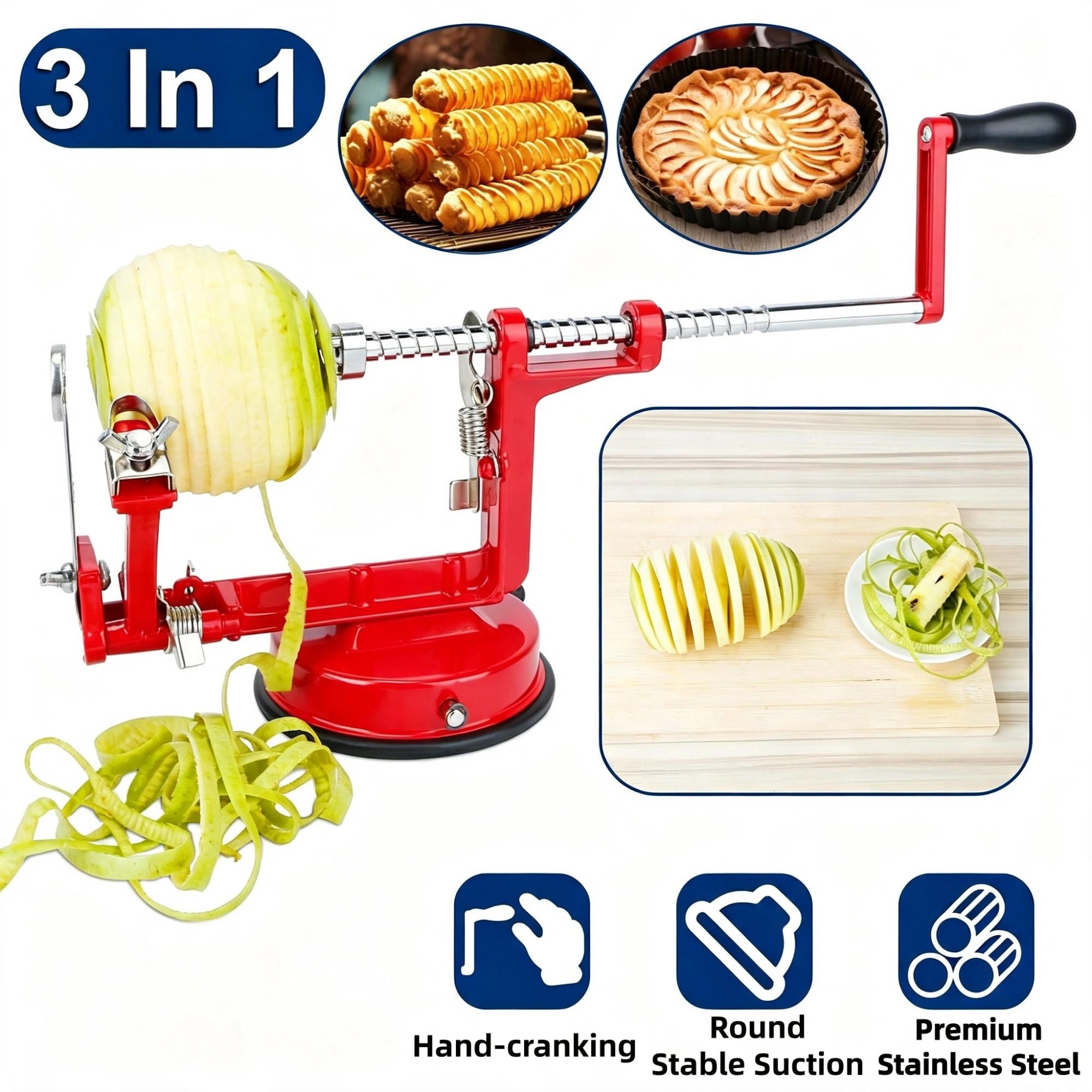 3‑in‑1 Fruit Peeler, 3‑in‑1 Apple Peeler Slicer Corer,Apple Slicer Corer with Suction Base, Zinc Alloy and Stainless‑Steel Blade for Kitchen Fruit Processing
