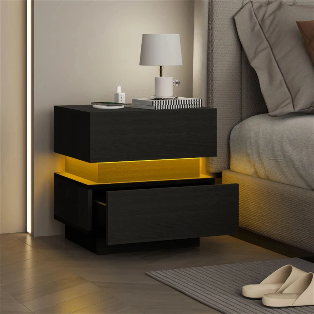 Modern Bedside Table with USB Charging Station & LED Light, Nightstand Storage Drawer for Bedroom, Living Room