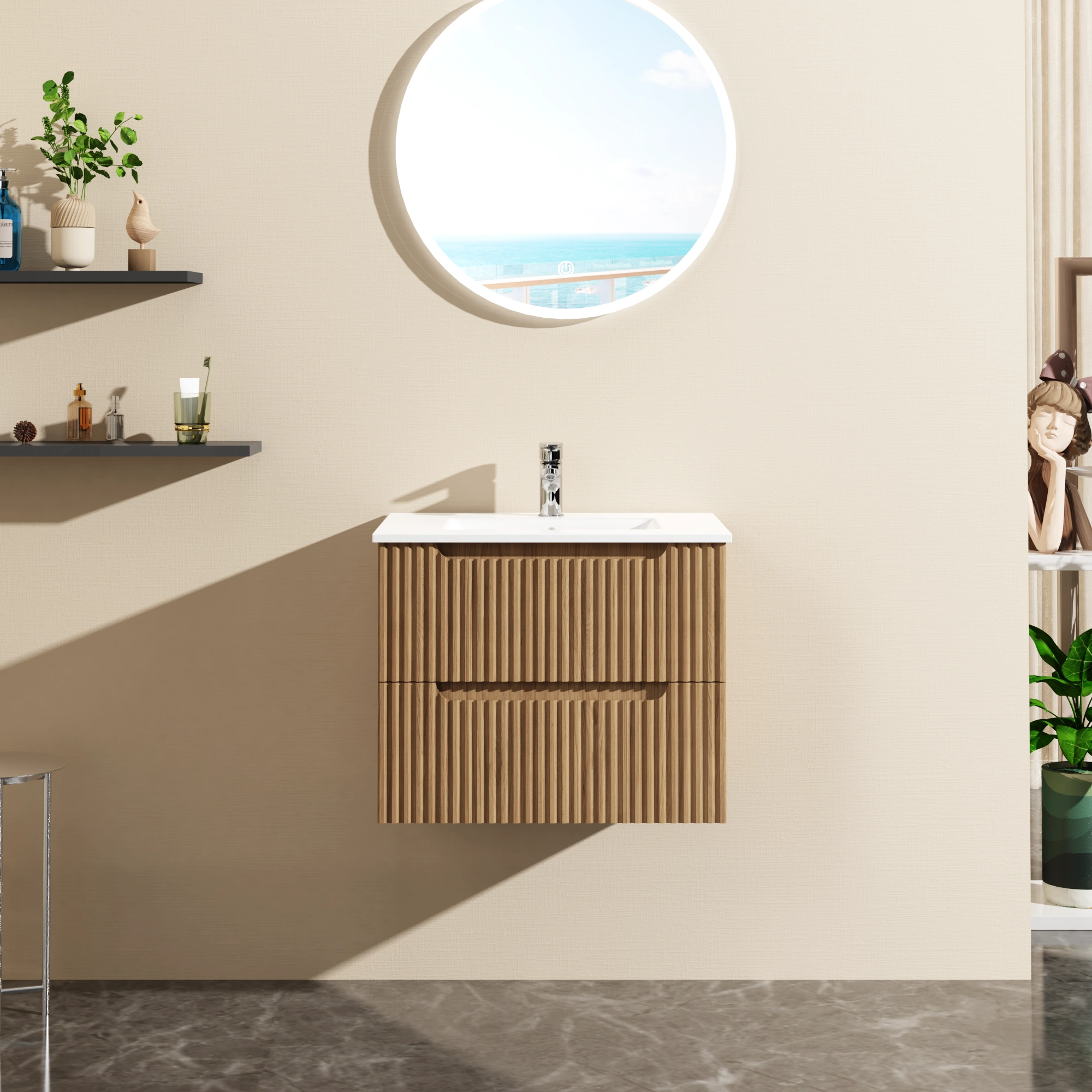 Goodyo 24" Floating Bathroom Vanity Cabinet with White Basin Sink, Wall Mount Bathroom Vanity with Storage, Walnut Finish
