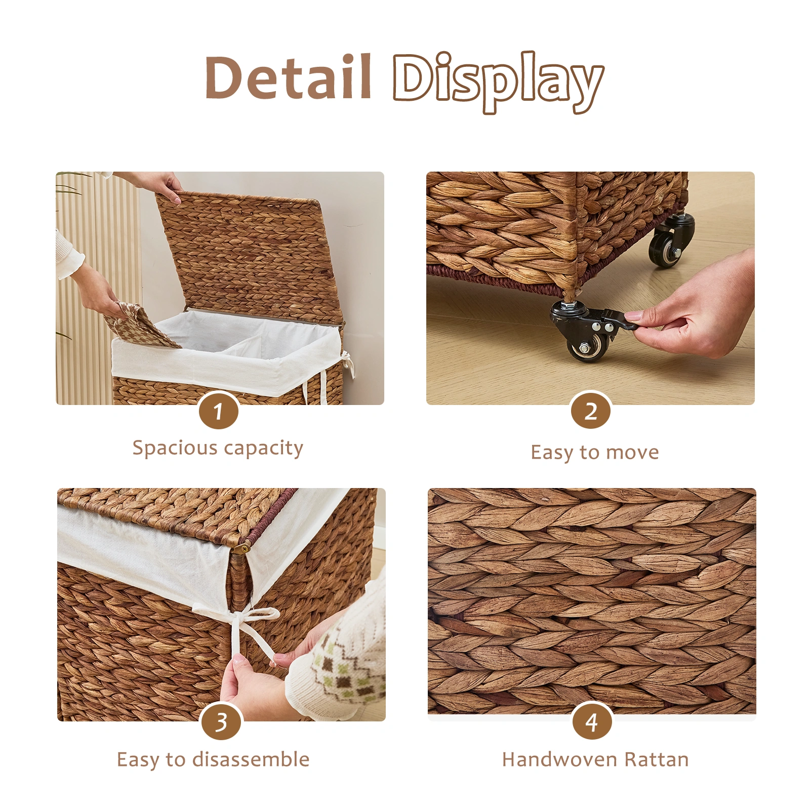 100L 2-Section Laundry Hamper with Lid and Wheels, Woven Natural Water Hyacinth Rolling Laundry Hamper view 4