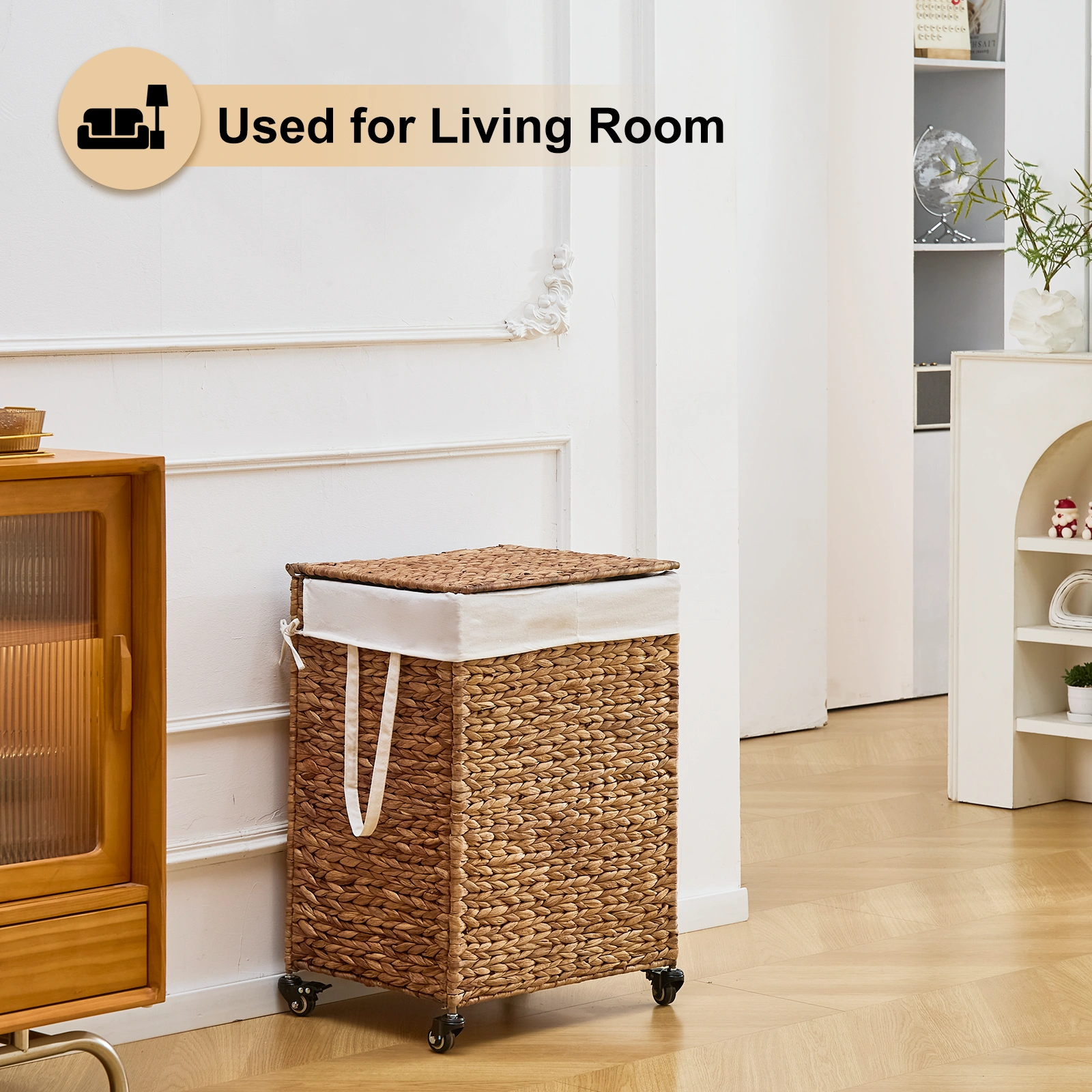 100L 2-Section Laundry Hamper with Lid and Wheels, Woven Natural Water Hyacinth Rolling Laundry Hamper view 7