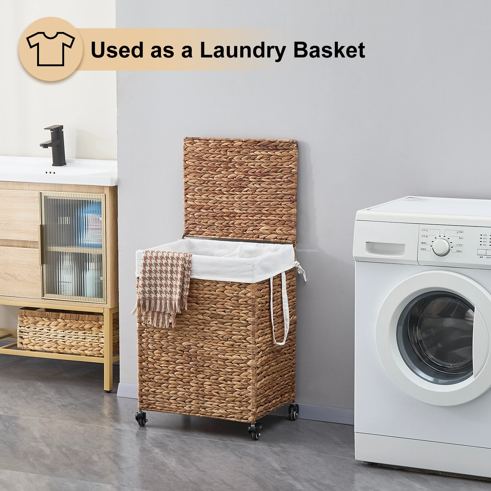 100L 2-Section Laundry Hamper with Lid and Wheels, Woven Natural Water Hyacinth Rolling Laundry Hamper view 8