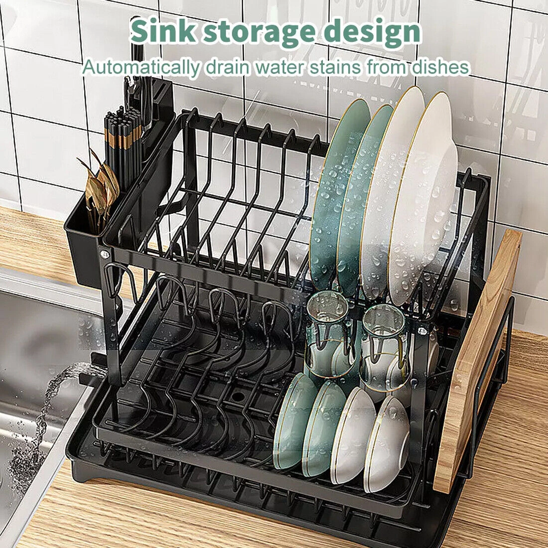 2-Tier Kitchen Sink Dish Drying Rack with Drip Tray, Cutlery Holder & Plate Organizer Stand view 2