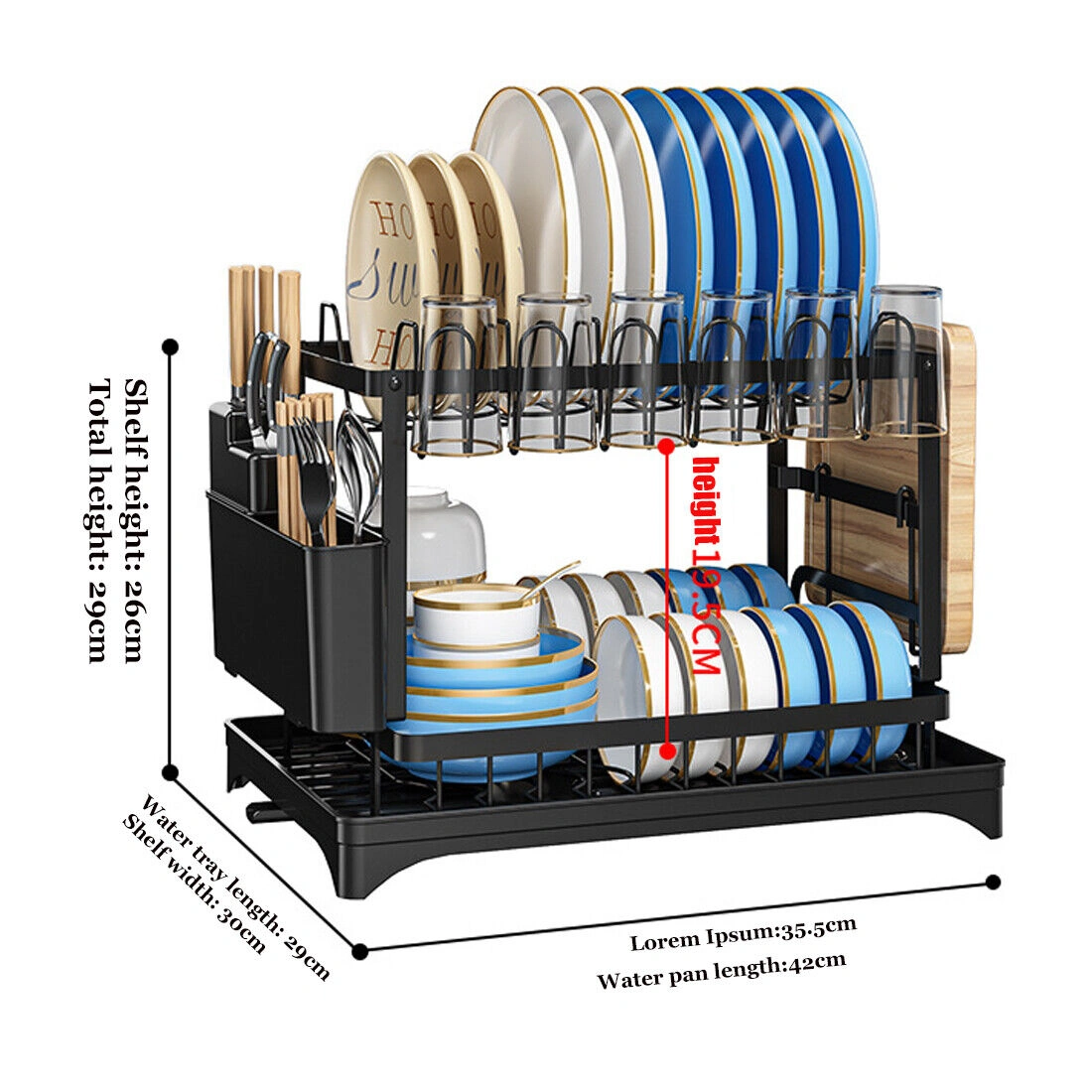 2-Tier Kitchen Sink Dish Drying Rack with Drip Tray, Cutlery Holder & Plate Organizer Stand view 4