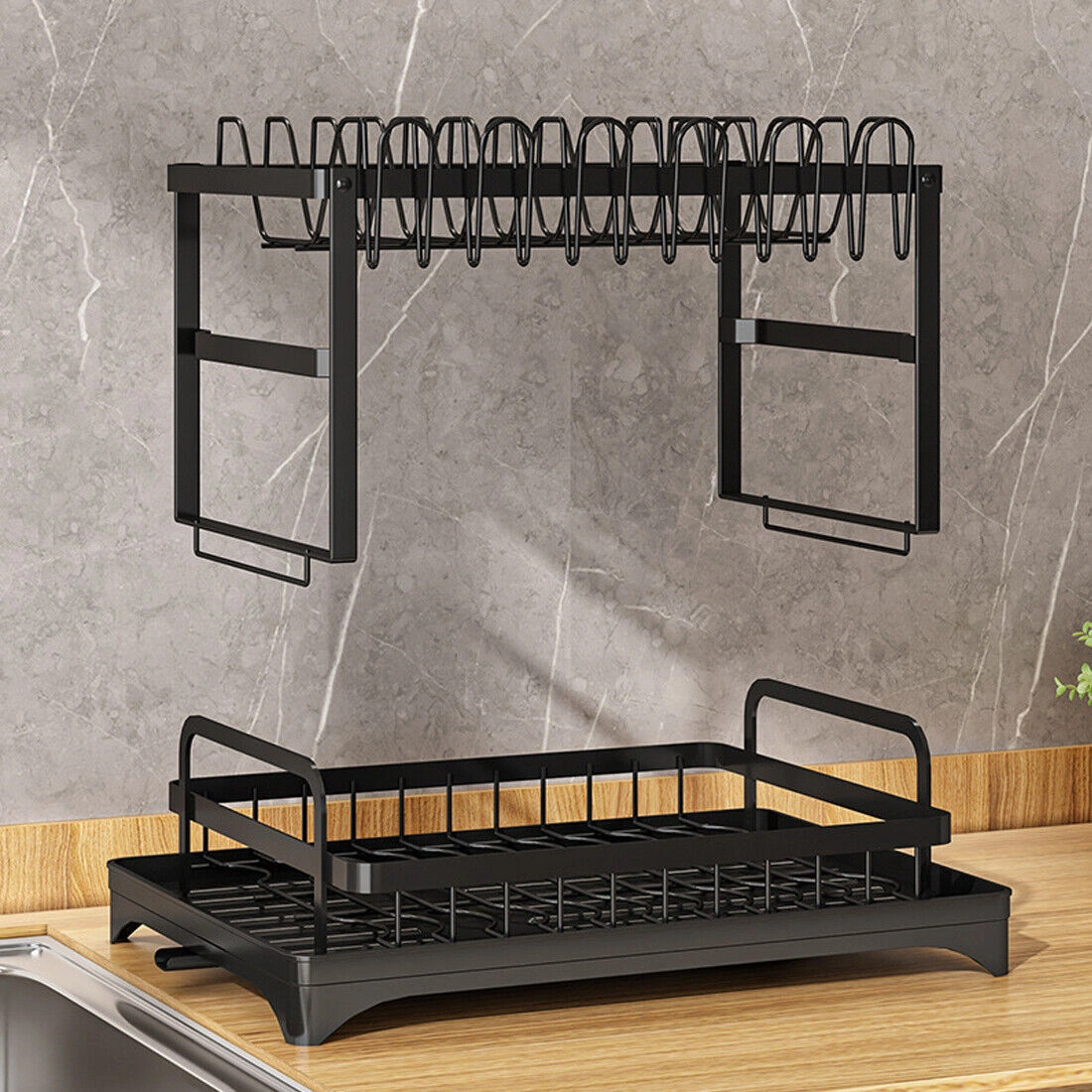 2-Tier Kitchen Sink Dish Drying Rack with Drip Tray, Cutlery Holder & Plate Organizer Stand view 5