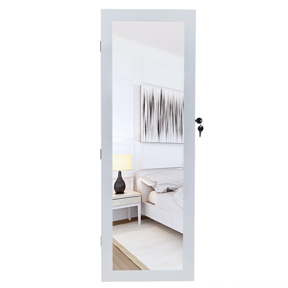White Wooden Wall Mount Jewelry Mirror Cabinet, 4-Tier Shelf, 2 Drawers, 8 Blue LED Lights, Non-Full Mirror Storage Armoire