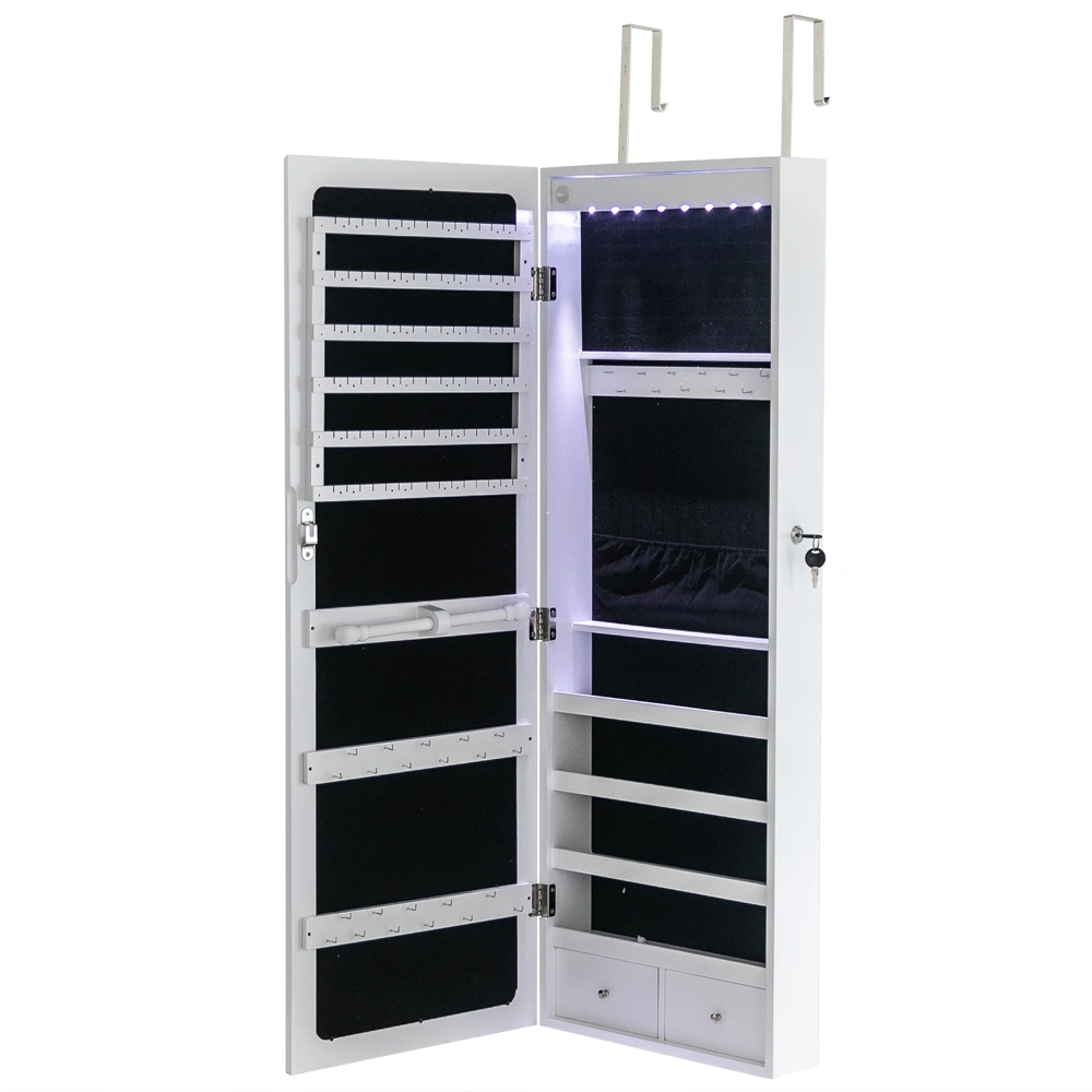 White Wooden Wall Mount Jewelry Mirror Cabinet, 4-Tier Shelf, 2 Drawers, 8 Blue LED Lights, Non-Full Mirror Storage Armoire view 3
