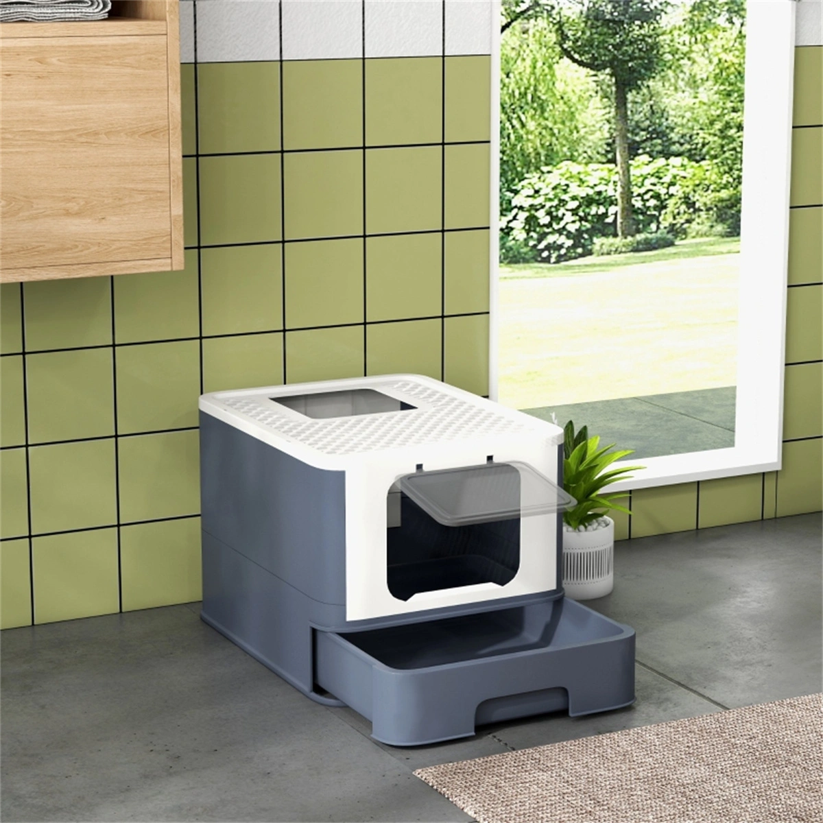 Large White Cat Litter Box Front Entry Top Exit with Scoop