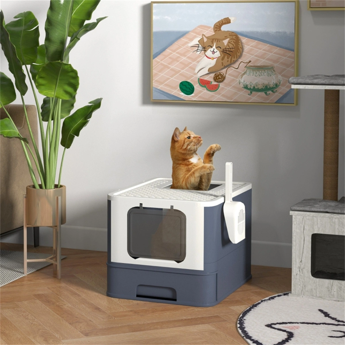 Large White Cat Litter Box Front Entry Top Exit with Scoop view 8