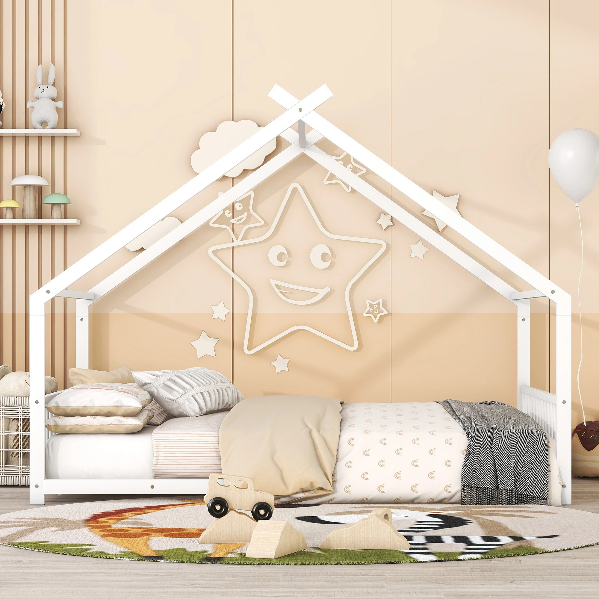 Full Size Metal House Bed Frame with Headboard & Footboard, White Steel Platform Bed for Bedroom