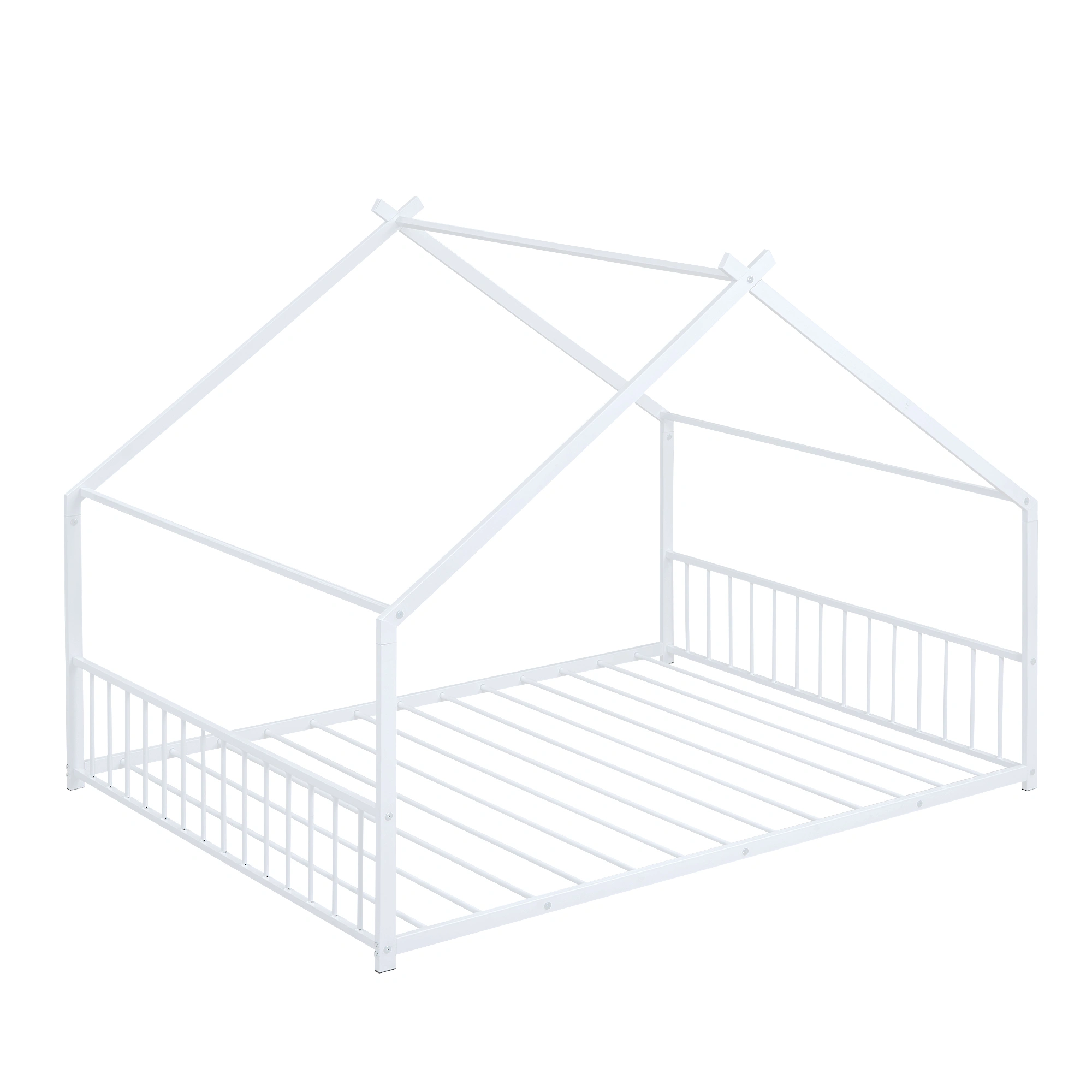Full Size Metal House Bed Frame with Headboard & Footboard, White Steel Platform Bed for Bedroom view 2