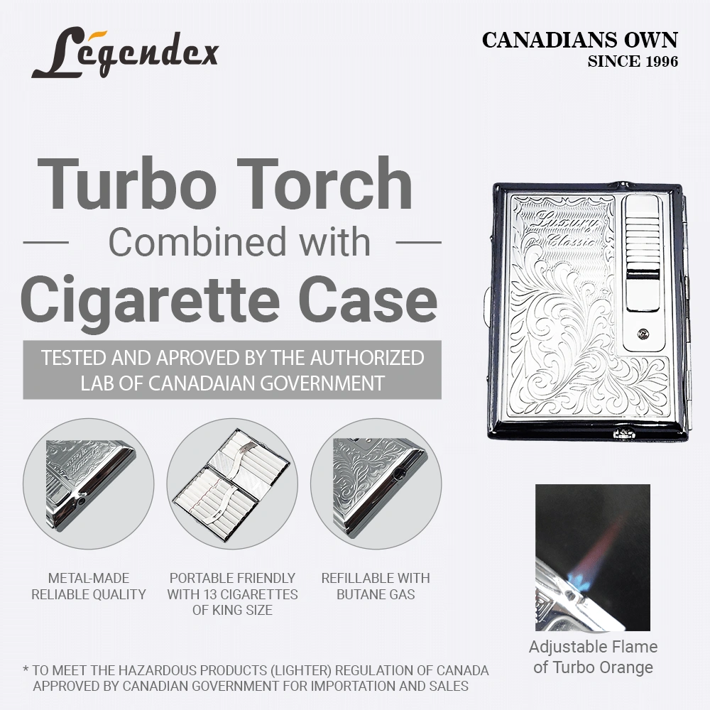 LEGENDEX ELEGANCE Cigarette Case with Turbo Lighter, Chrome Windproof Refillable Adjustable Jet Torch Case view 2
