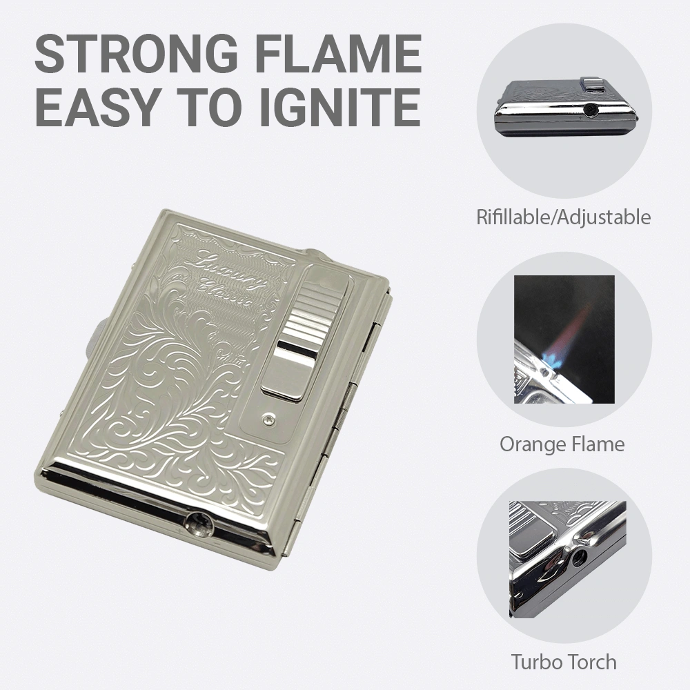 LEGENDEX ELEGANCE Cigarette Case with Turbo Lighter, Chrome Windproof Refillable Adjustable Jet Torch Case view 3