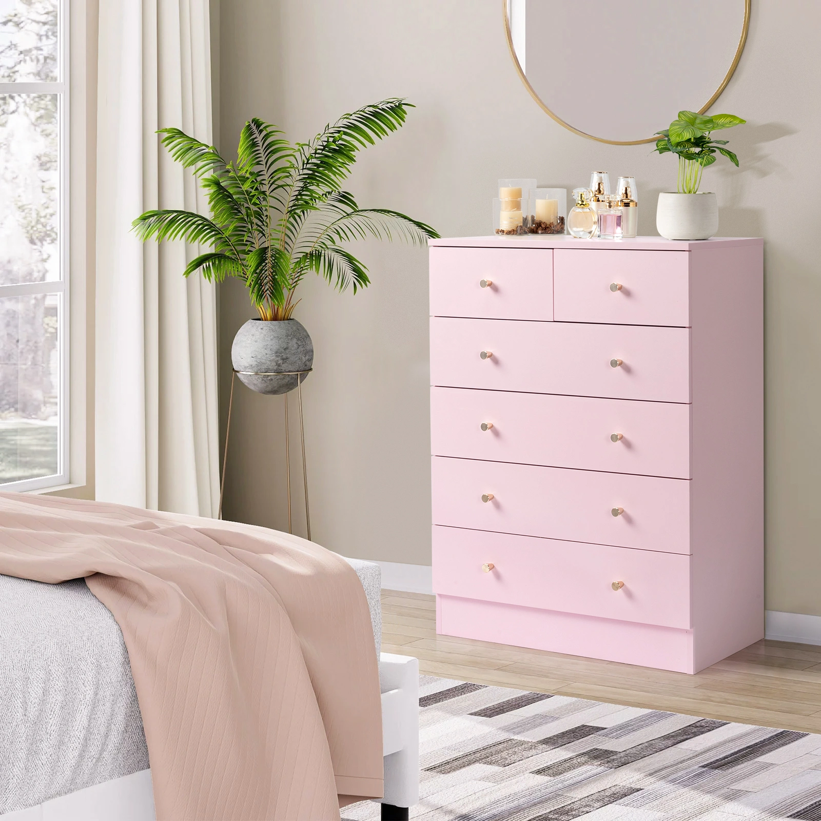 5-Tier 6-Drawer Cabinet with Matte Gold Handles Particleboard Melamine-Coated Storage Cabinet 25.98*12.99*35.04in Macaron Pink view 11