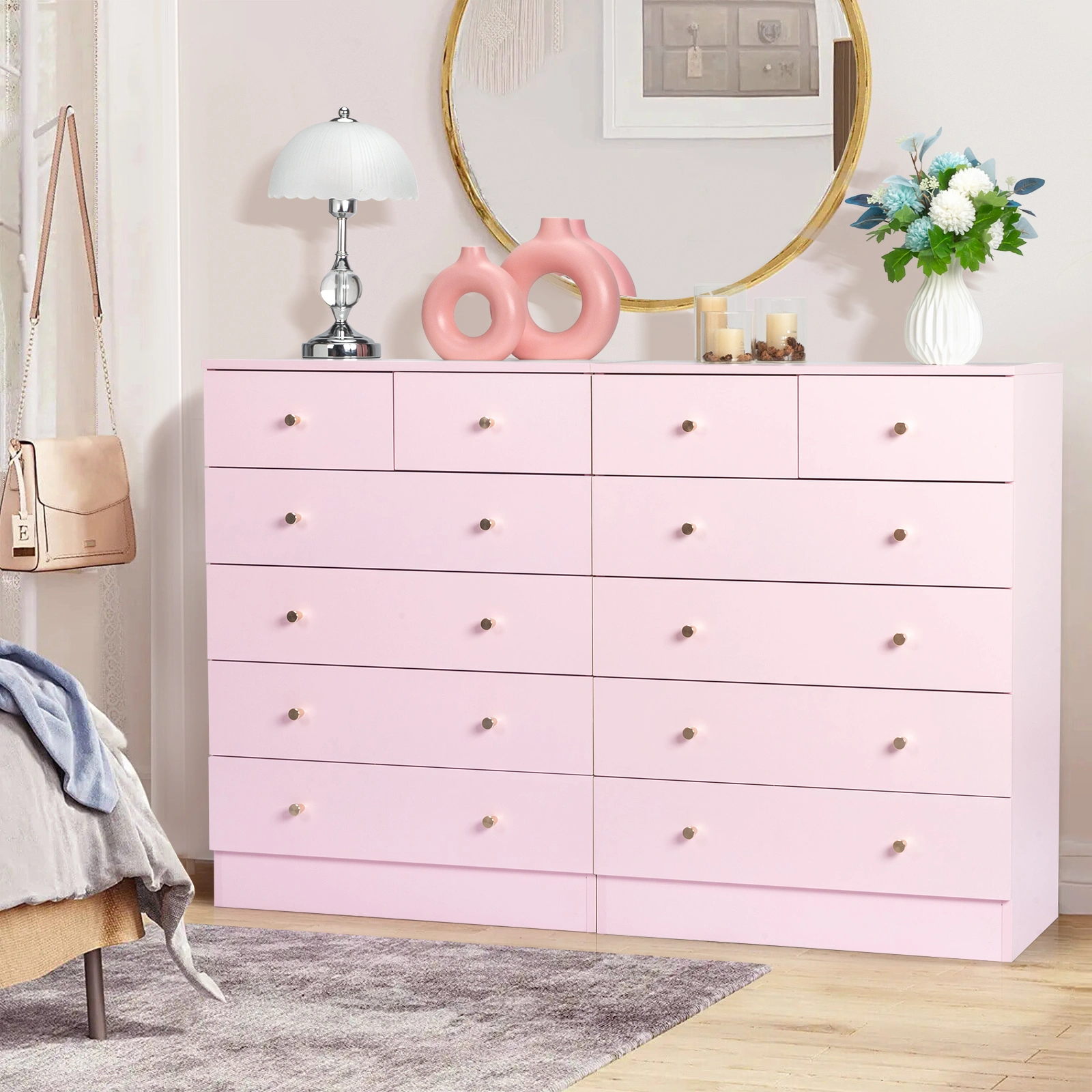 5-Tier 6-Drawer Cabinet with Matte Gold Handles Particleboard Melamine-Coated Storage Cabinet 25.98*12.99*35.04in Macaron Pink view 14