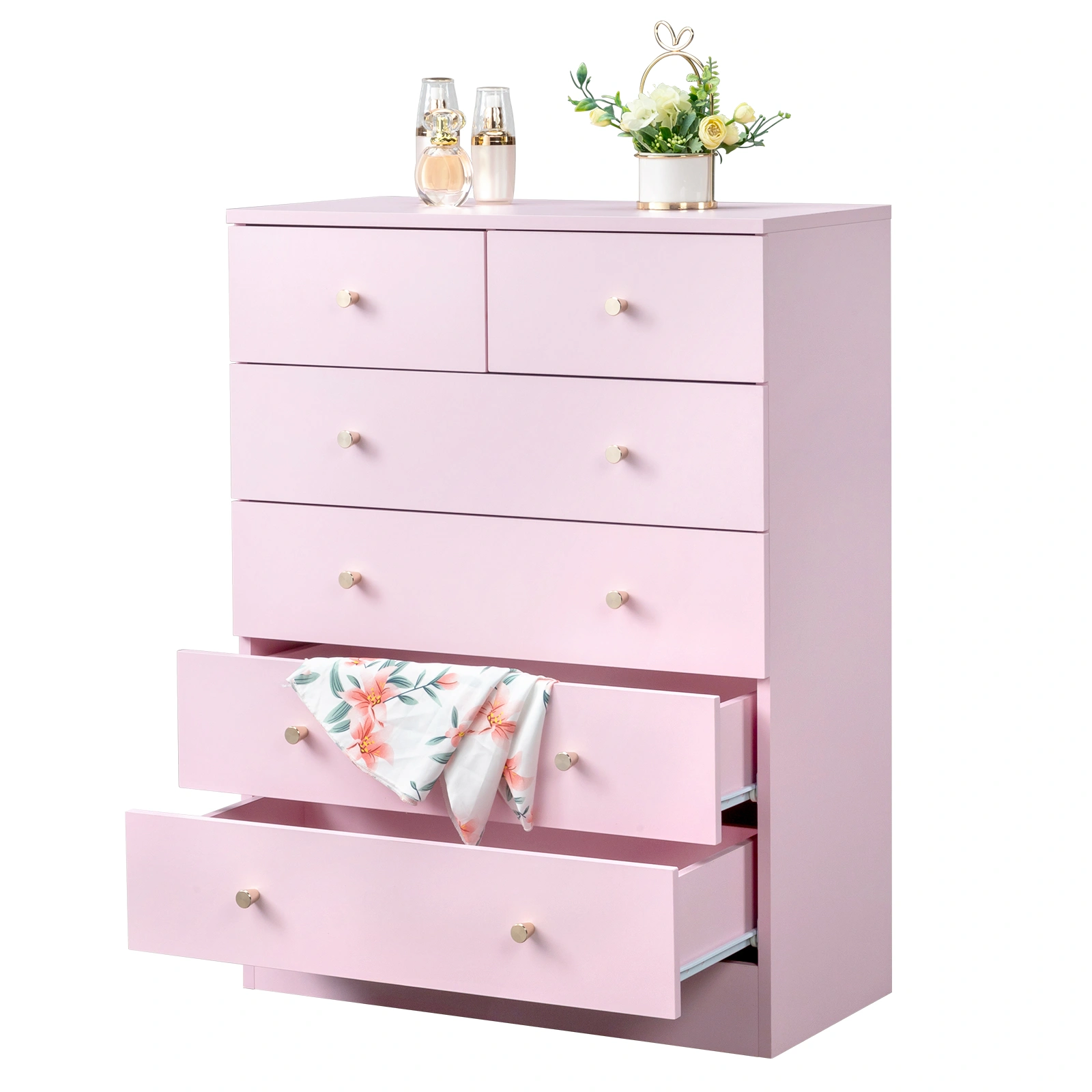 5-Tier 6-Drawer Cabinet with Matte Gold Handles Particleboard Melamine-Coated Storage Cabinet 25.98*12.99*35.04in Macaron Pink view 5