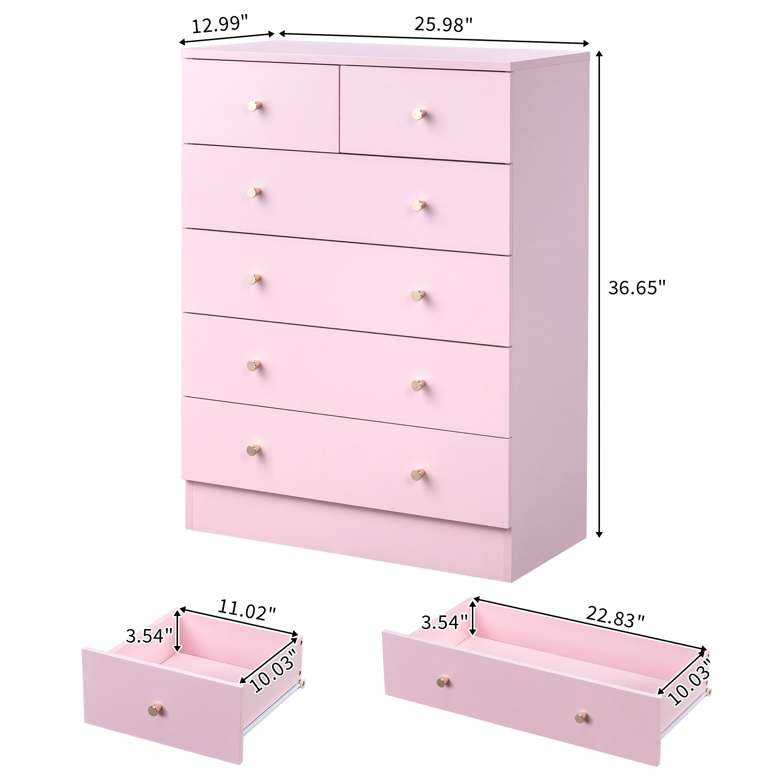 5-Tier 6-Drawer Cabinet with Matte Gold Handles Particleboard Melamine-Coated Storage Cabinet 25.98*12.99*35.04in Macaron Pink view 6