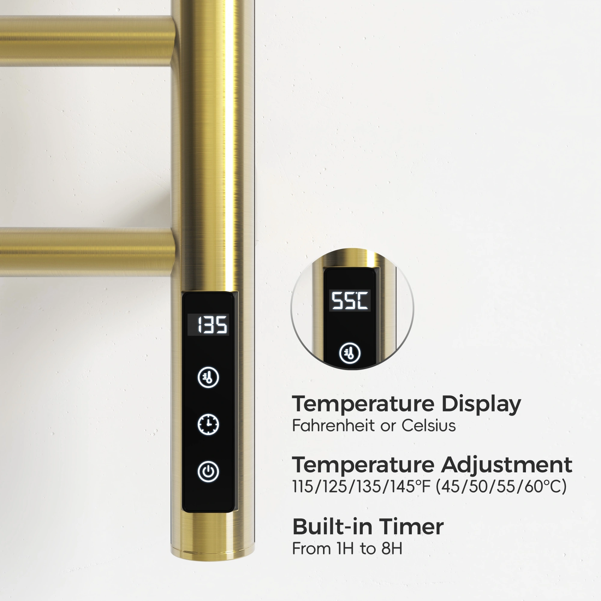 Brushed Gold Heated Towel Rack for Bathroom,Wall Mounted with Intelligent Touch Screen Timer, 9-Bar Towel Warmer, 304 Stainless Steel Polished, Plug-in/Hard-Wired[Unable ship on weekends, TK/TEMU only for pickup, only TX10643 warehouse supports GOFO] view 9