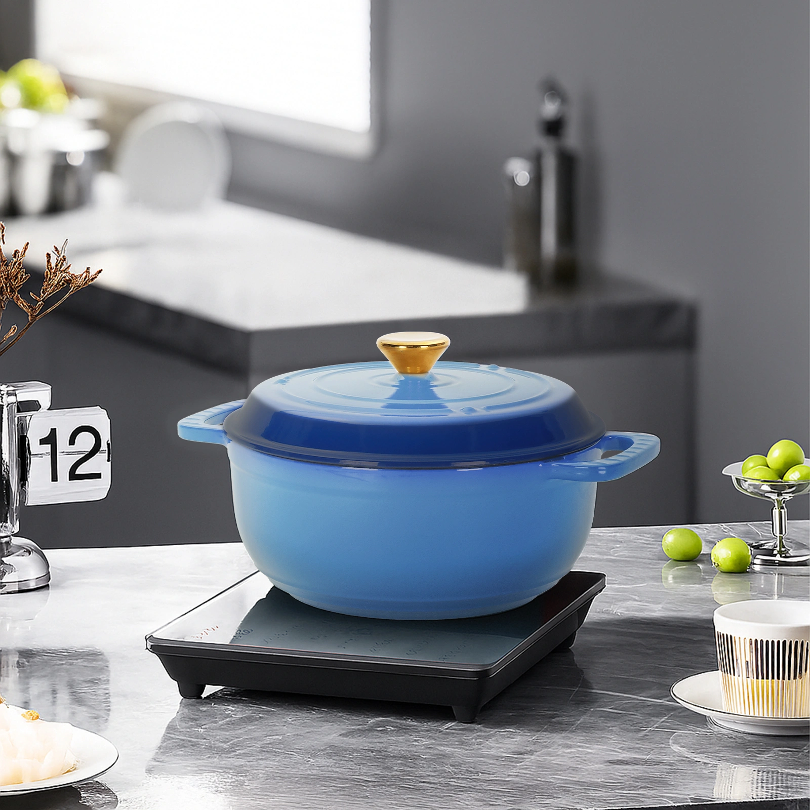 Cast iron 7.5QT cooking pot set - Gradient blue color - Includes two silicone gloves - Enamel pot view 11
