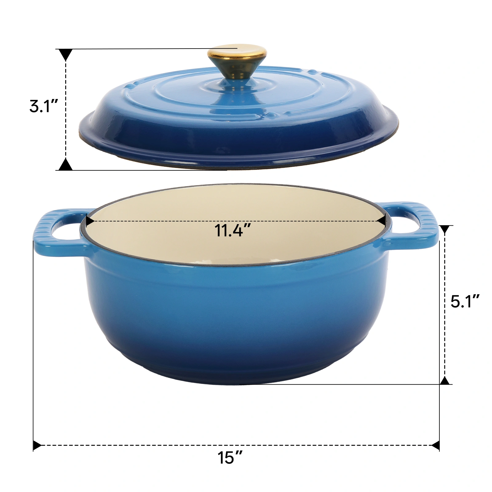 Cast iron 7.5QT cooking pot set - Gradient blue color - Includes two silicone gloves - Enamel pot view 12