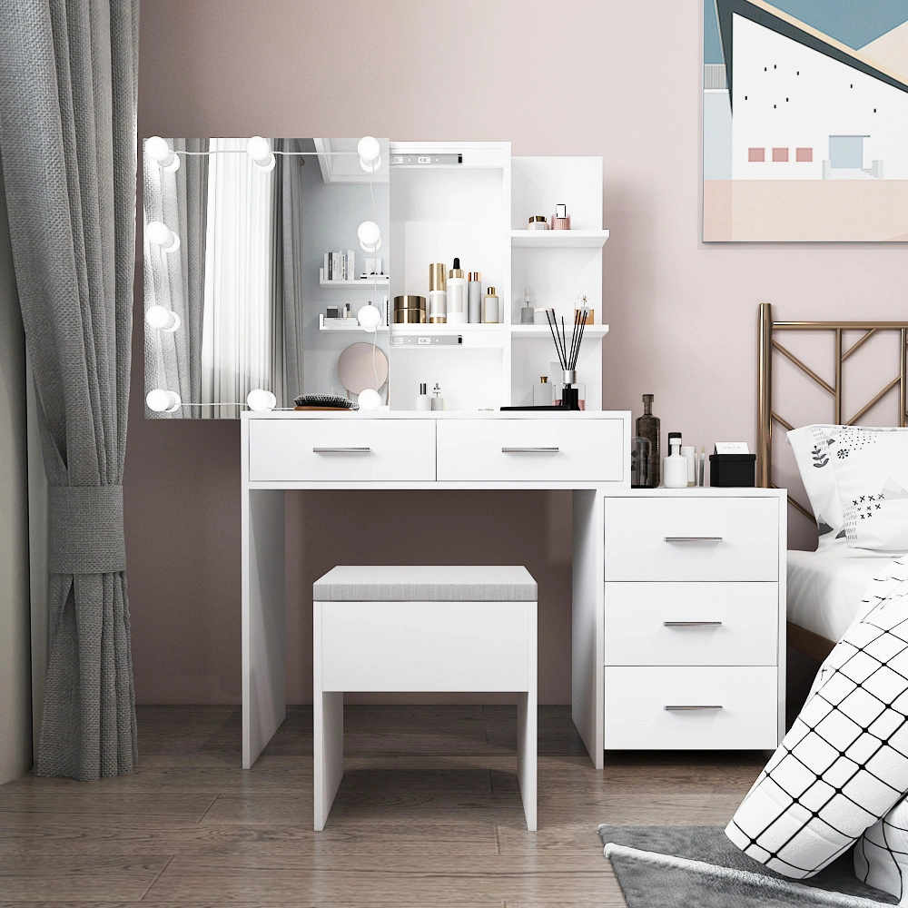 Particleboard Triamine Veneer 5 Pumps 2 Shelves Mirror Cabinet Three Dimming Light Bulb Dressing Table Set White view 2