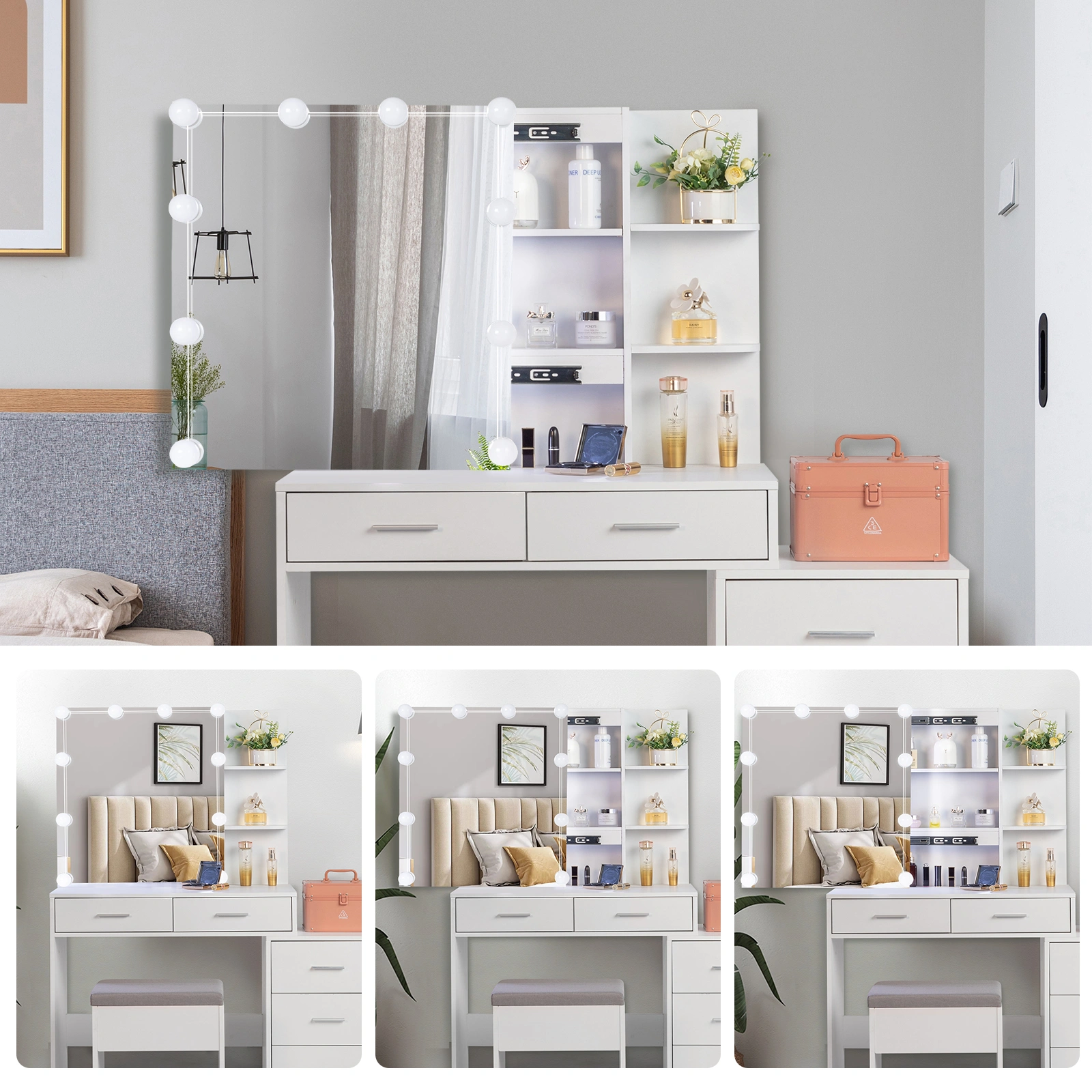 Particleboard Triamine Veneer 5 Pumps 2 Shelves Mirror Cabinet Three Dimming Light Bulb Dressing Table Set White view 6