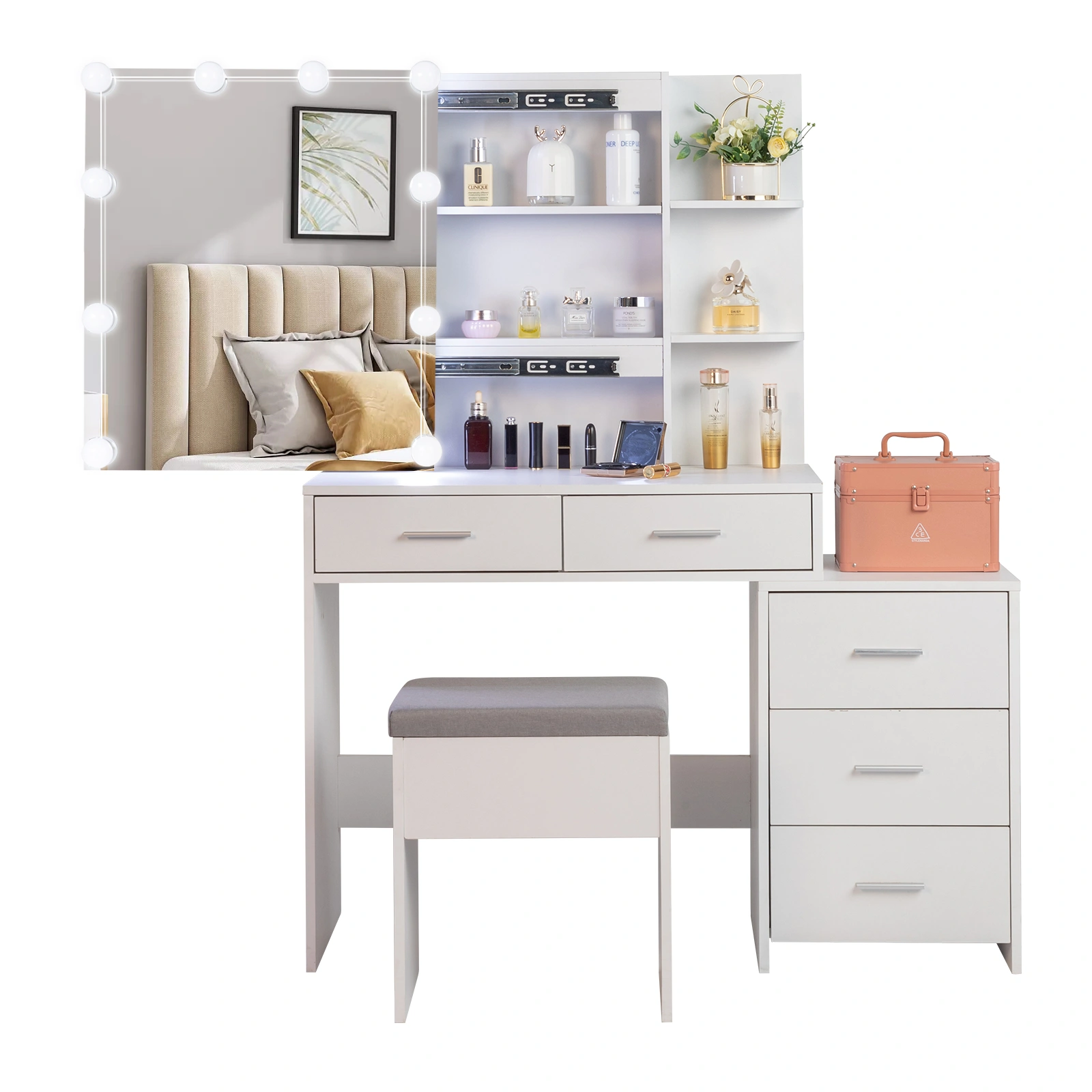 Particleboard Triamine Veneer 5 Pumps 2 Shelves Mirror Cabinet Three Dimming Light Bulb Dressing Table Set White view 7