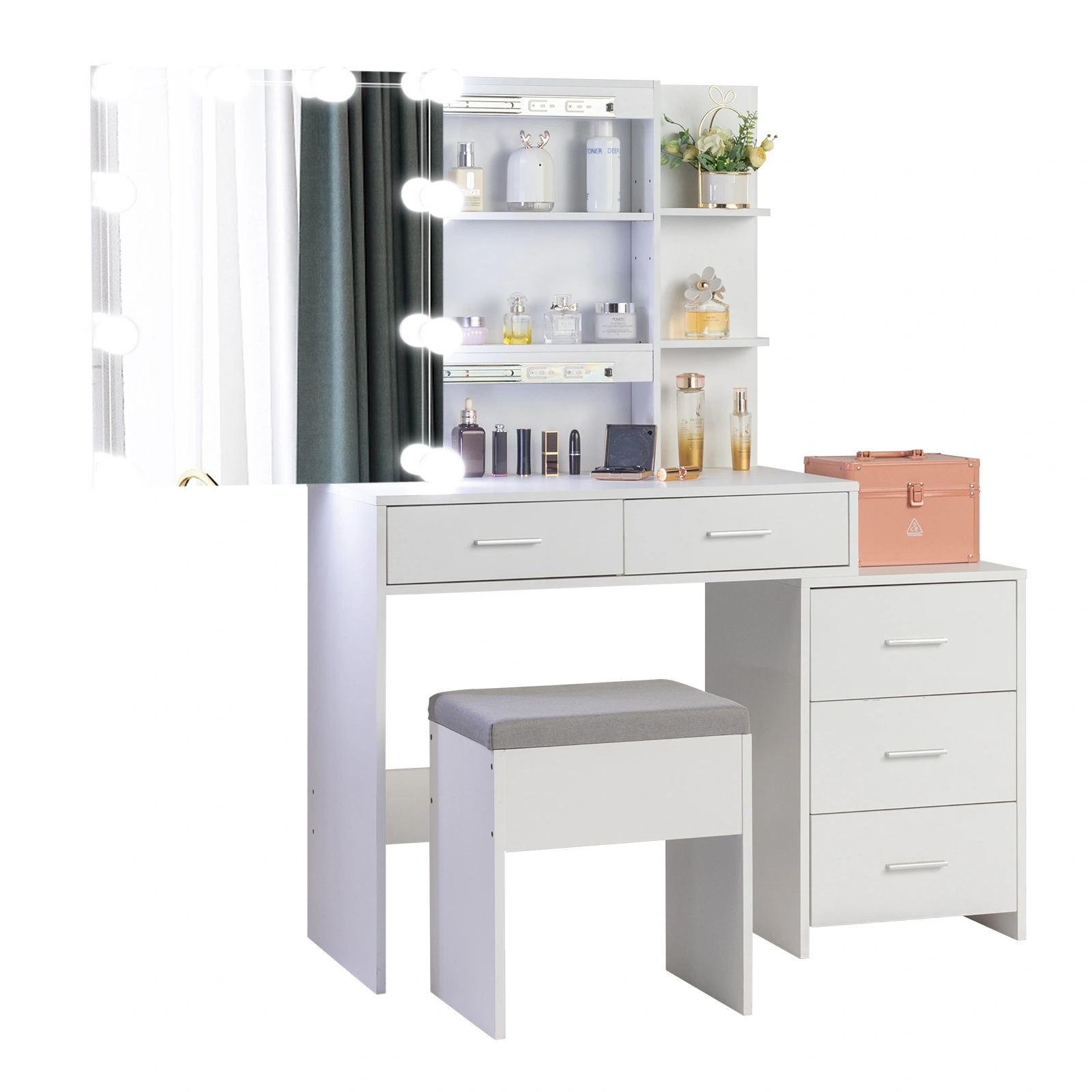 Particleboard Triamine Veneer 5 Pumps 2 Shelves Mirror Cabinet Three Dimming Light Bulb Dressing Table Set White view 8