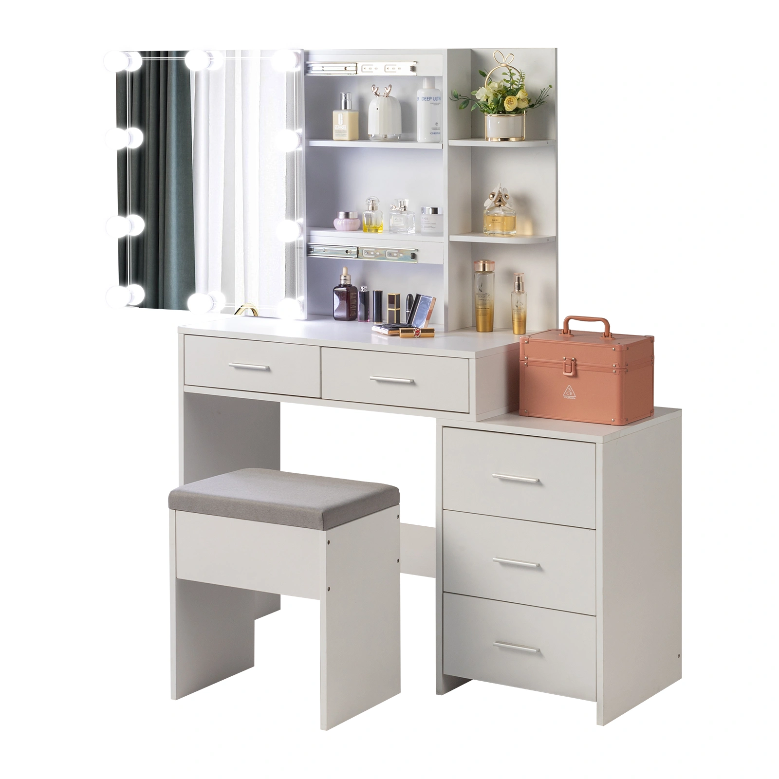 Particleboard Triamine Veneer 5 Pumps 2 Shelves Mirror Cabinet Three Dimming Light Bulb Dressing Table Set White view 9