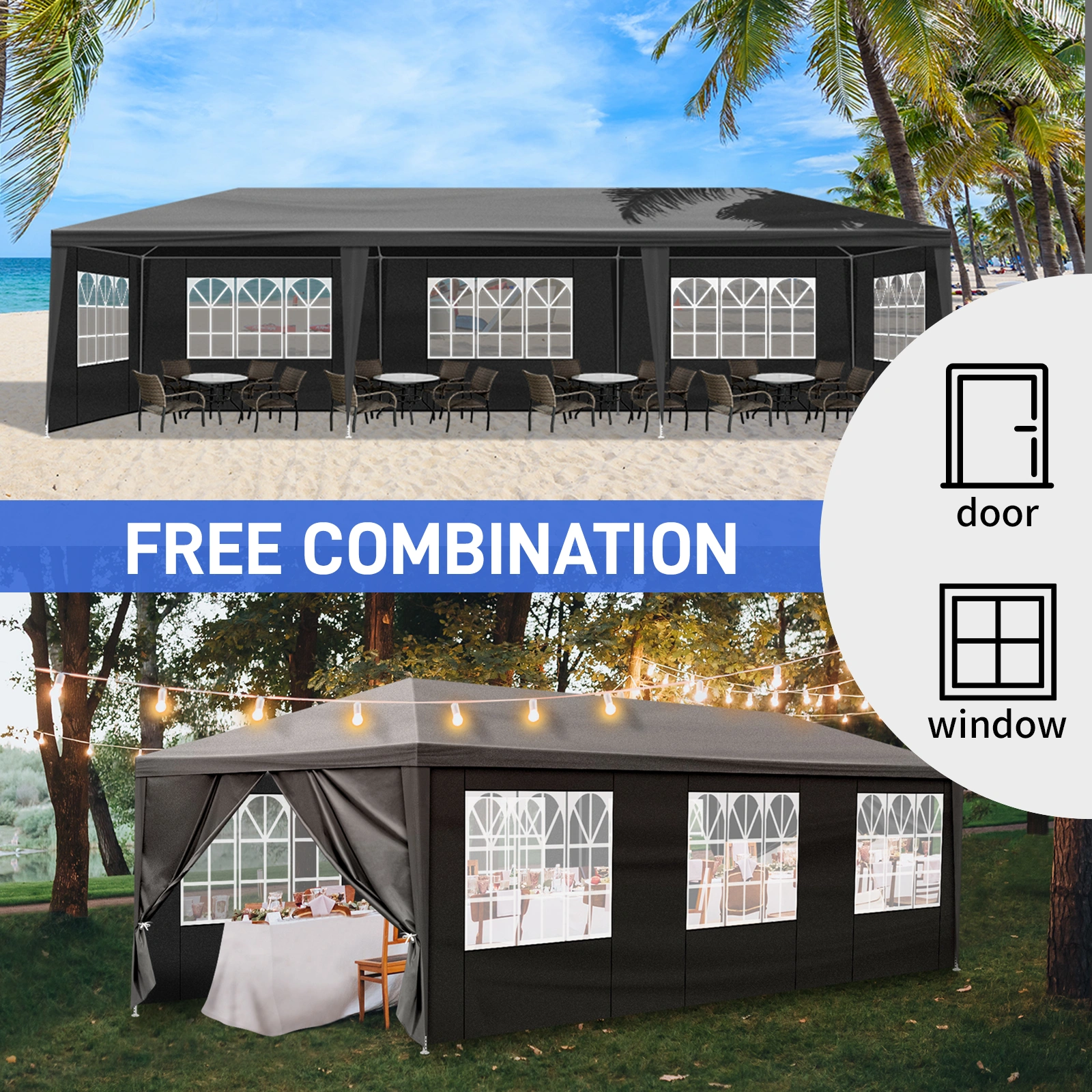 10'x30' Outdoor Party Tent with 8 Removable Sidewalls, Waterproof Canopy Patio Wedding Gazebo Black view 14