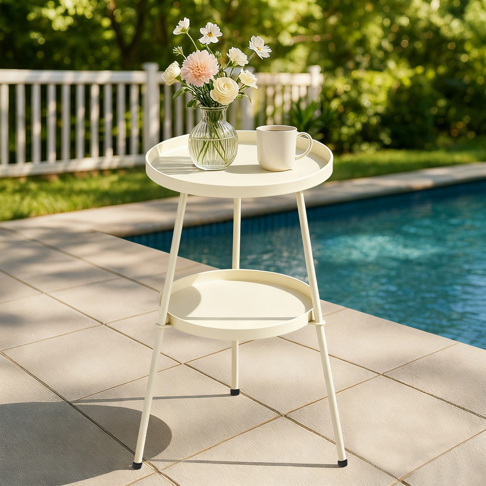Patio Small Side Table, Round 2 Tier End Table, Metal Round Coffee Table for Indoor Outdoor, Cream White view 6