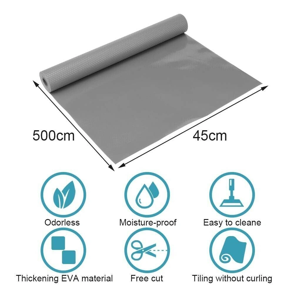 45cm x 500cm Non-Slip Waterproof Drawer Shelf Liner Mat Roll - Grey, UK view 3