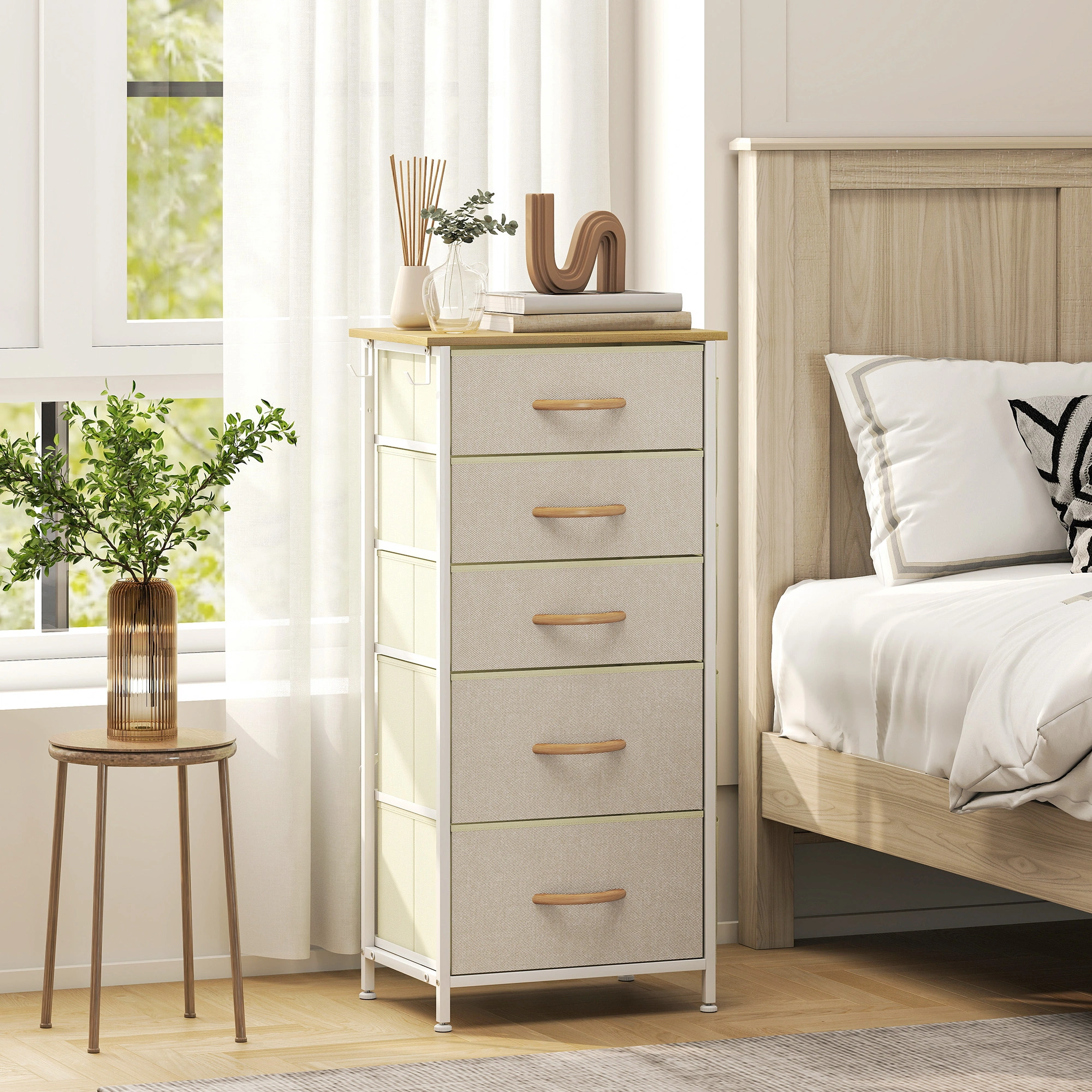 Farmhouse Wood Storage Chest 5-Drawer Tower, Tall Narrow Organizer Cabinet for Bathroom, Hallway & Small Spaces, White Wash Finish