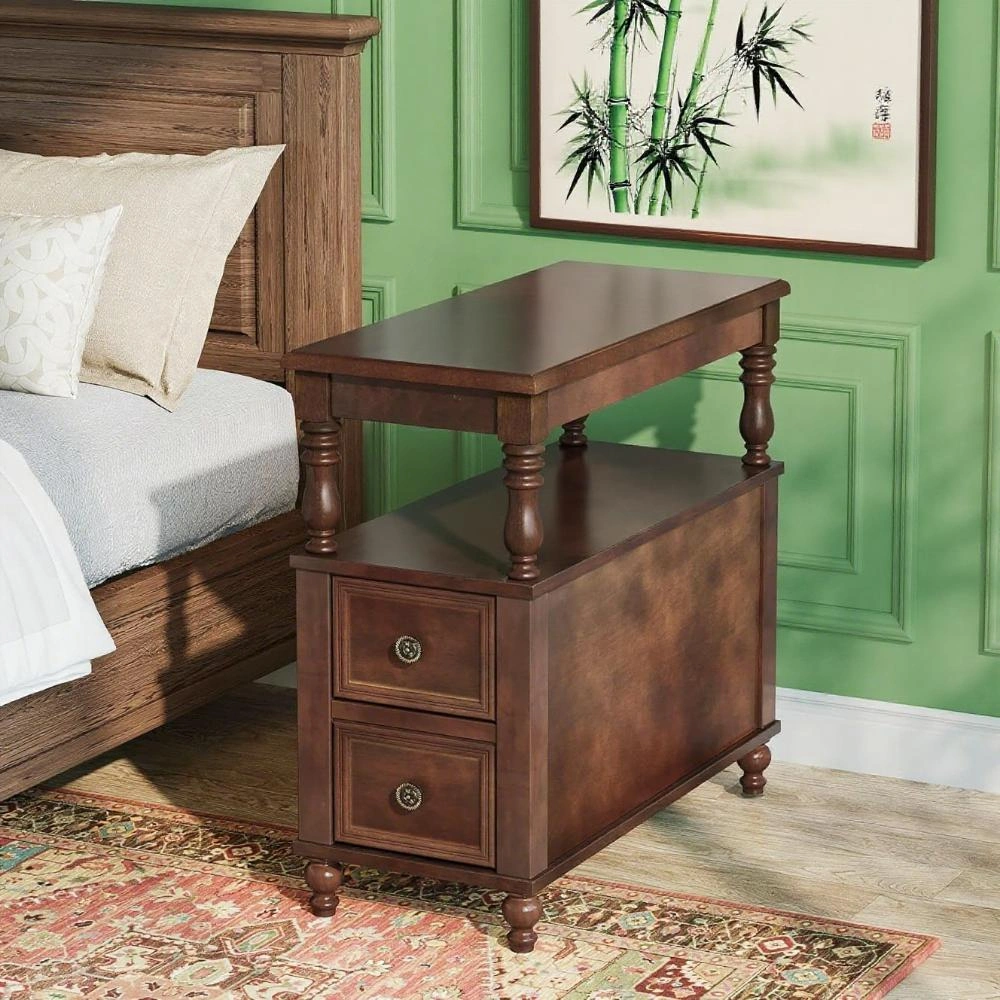 Rattan Coffee Table, Mid-Century Modern Round Side Table with Natural Peacock Weave, Living Room Accent Table