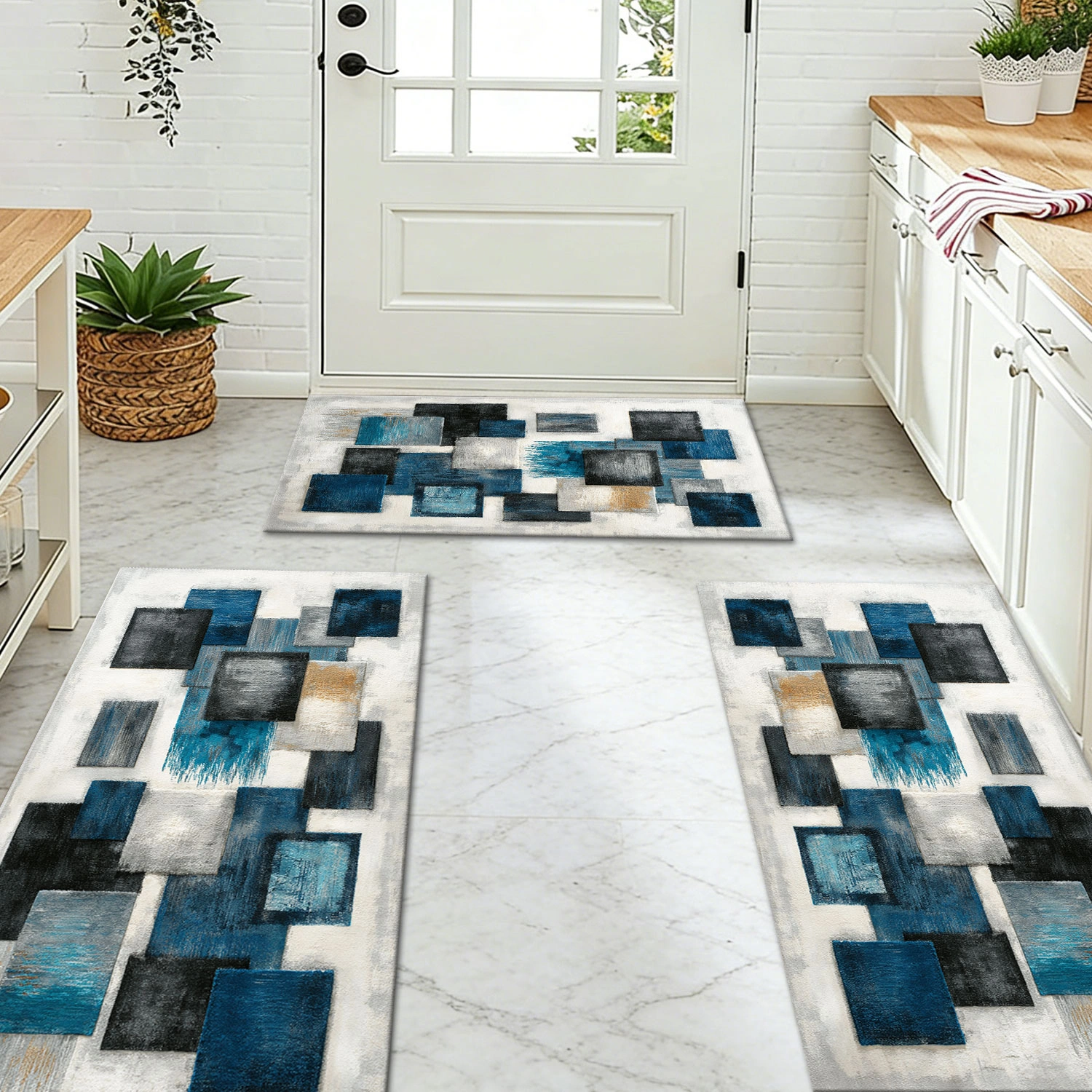Three-piece kitchen rug set, non-slip and washable, abstract pattern kitchen hallway rug, soft and comfortable, suitable for sinks, floors, entrances, hallways and bathrooms. view 9
