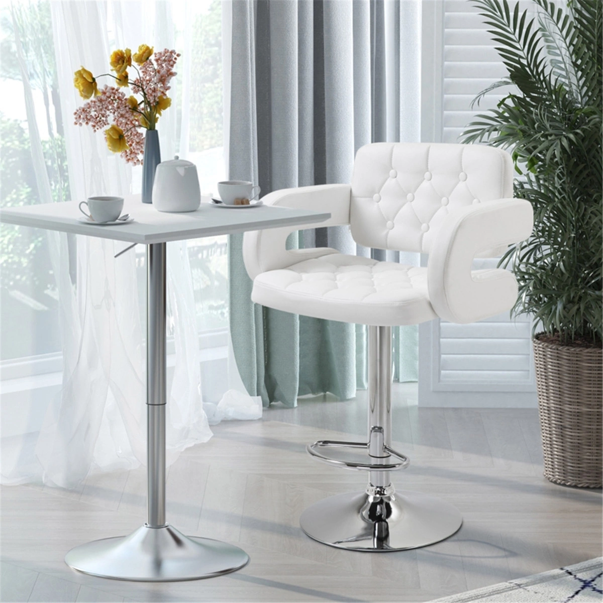 Set of 2 Bar Stools, 26 Inch Counter Height Dining Chair, Ergonomic Office Chair with Footrest, PU Leather Seat, Metal Legs, Grey, Adjustable Height, Stackable for Kitchen, Restaurant, Café