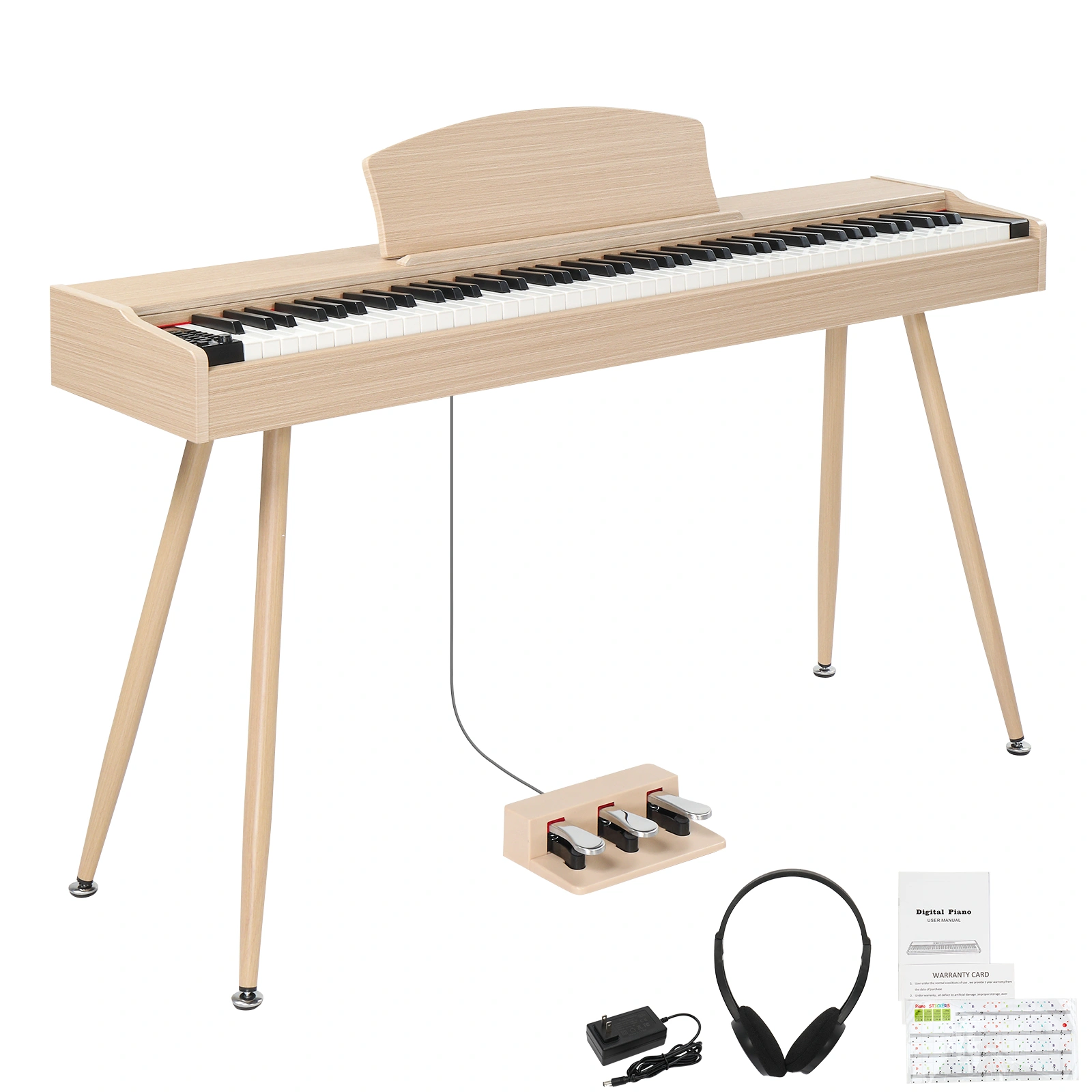 Glarry GDP-203 88-Key Weighted Digital Piano Keyboard, Full Size with Metal Stand, Triple Pedals, Power Adapter & Headphones, Wood Finish
