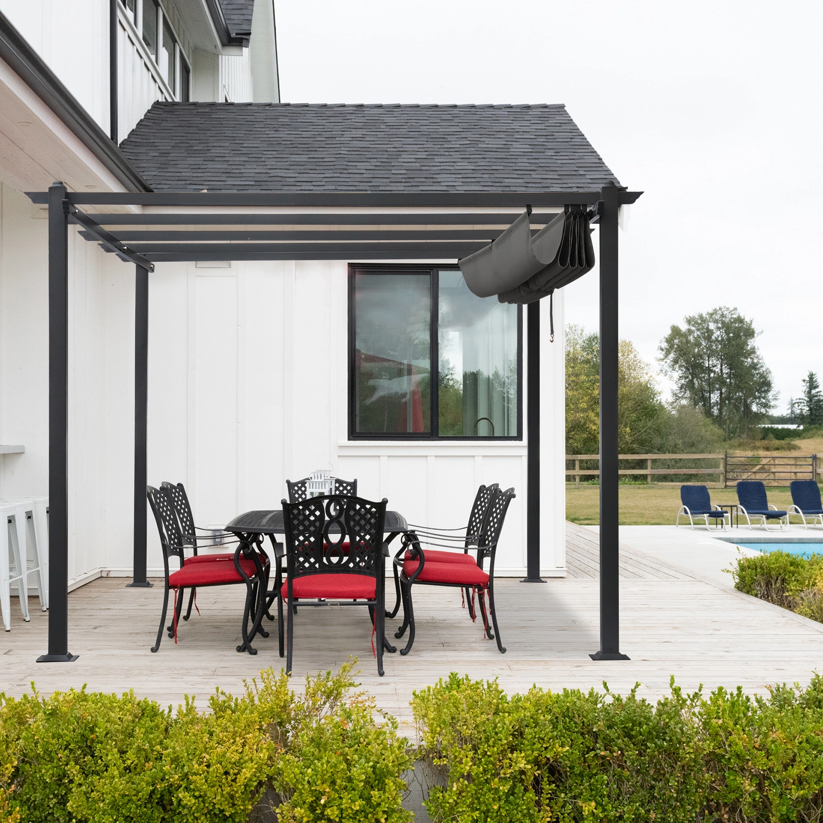 143.1" x 101.4" Retractable Canopy Metal Pergola, Heavy Duty Powder Coated Iron Frame Patio Pergola with Adjustable PA Coated Oxford Fabric Shade Canopy for Backyard Garden Lawn, Dark Gray view 11