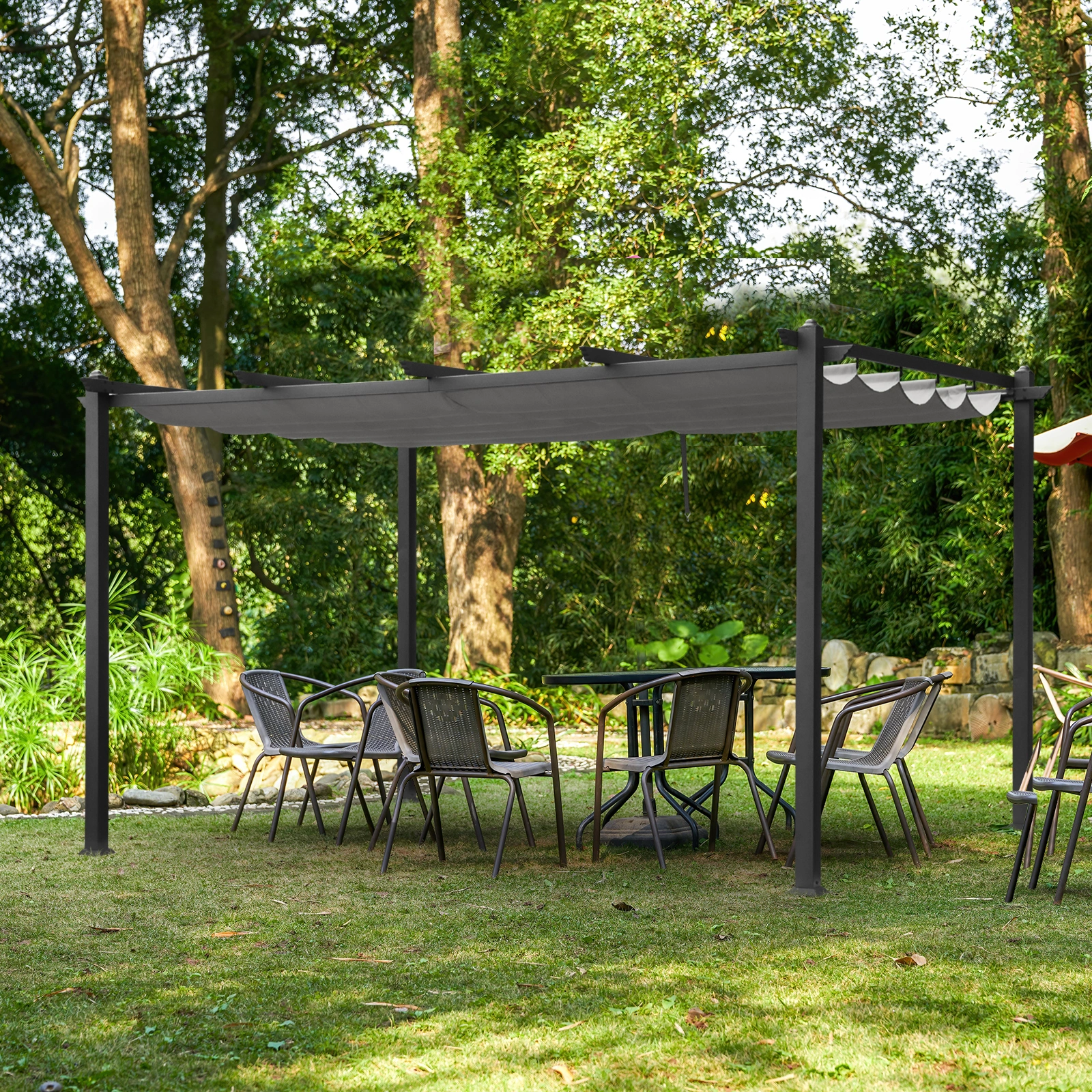 143.1" x 101.4" Retractable Canopy Metal Pergola, Heavy Duty Powder Coated Iron Frame Patio Pergola with Adjustable PA Coated Oxford Fabric Shade Canopy for Backyard Garden Lawn, Dark Gray view 12