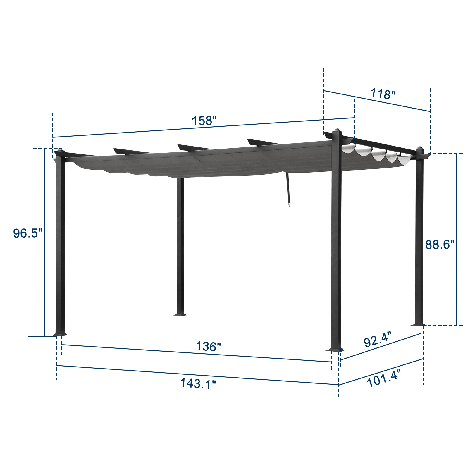 143.1" x 101.4" Retractable Canopy Metal Pergola, Heavy Duty Powder Coated Iron Frame Patio Pergola with Adjustable PA Coated Oxford Fabric Shade Canopy for Backyard Garden Lawn, Dark Gray view 4