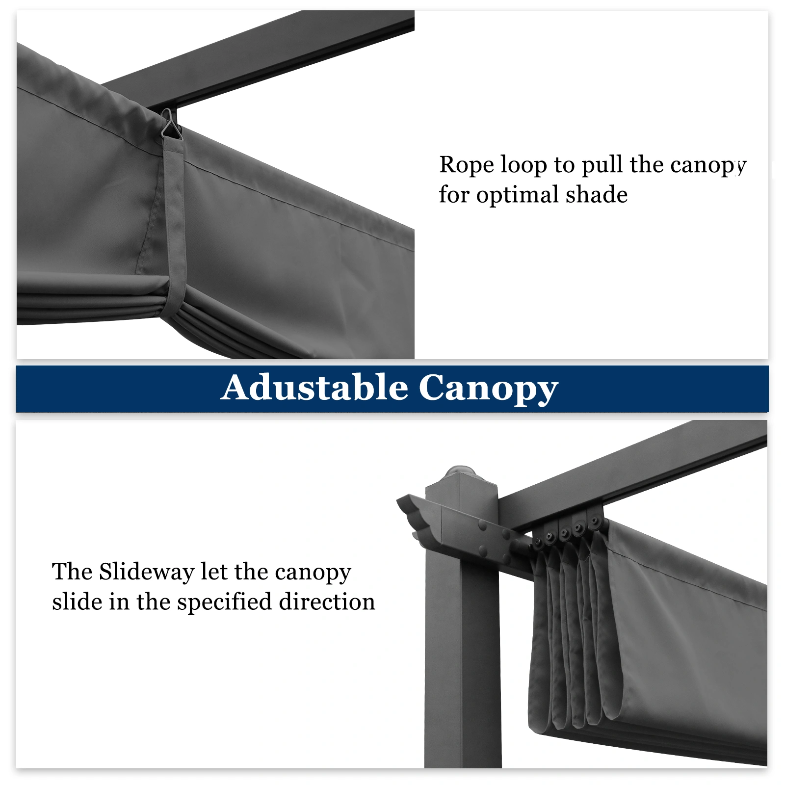 143.1" x 101.4" Retractable Canopy Metal Pergola, Heavy Duty Powder Coated Iron Frame Patio Pergola with Adjustable PA Coated Oxford Fabric Shade Canopy for Backyard Garden Lawn, Dark Gray view 8