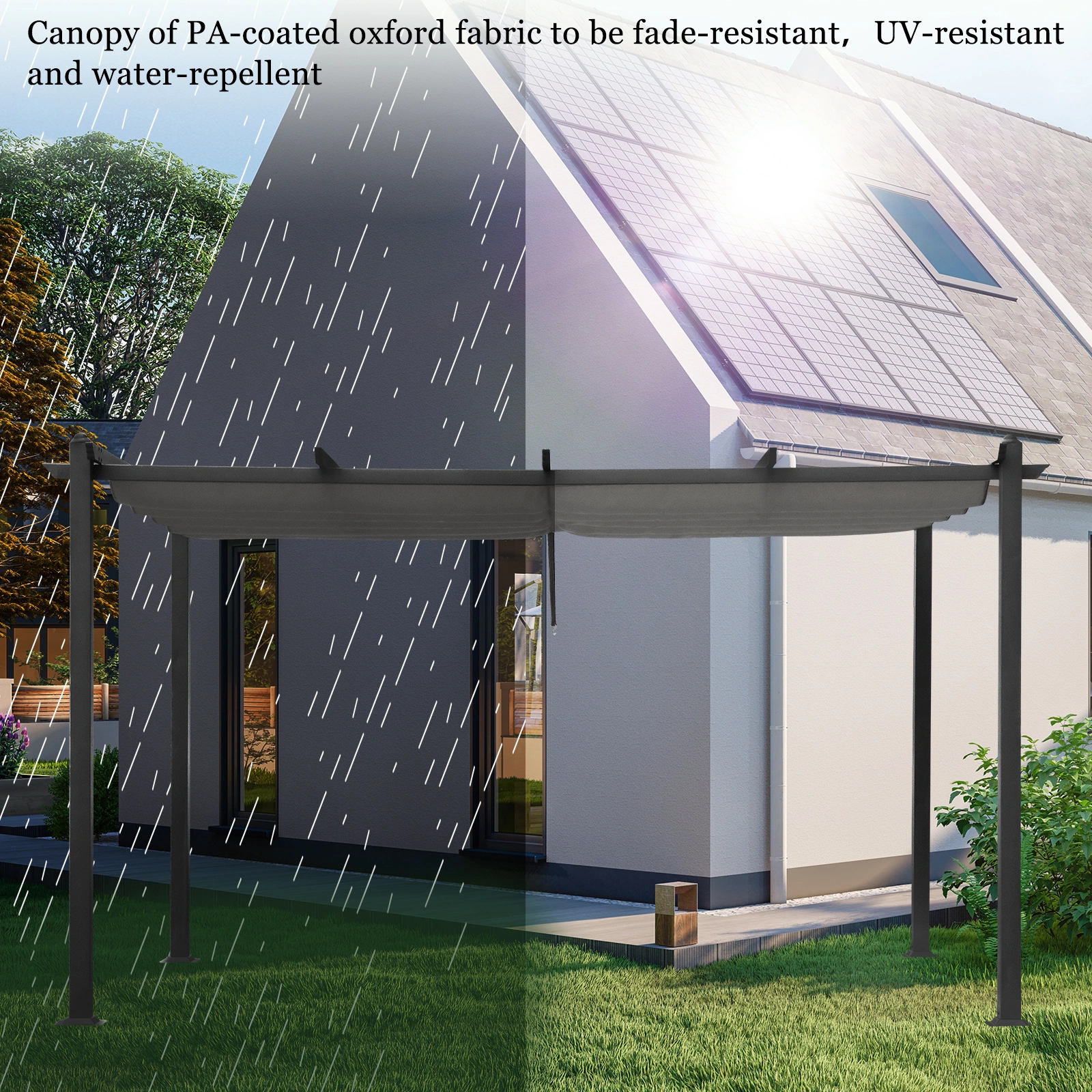 143.1" x 101.4" Retractable Canopy Metal Pergola, Heavy Duty Powder Coated Iron Frame Patio Pergola with Adjustable PA Coated Oxford Fabric Shade Canopy for Backyard Garden Lawn, Dark Gray view 9