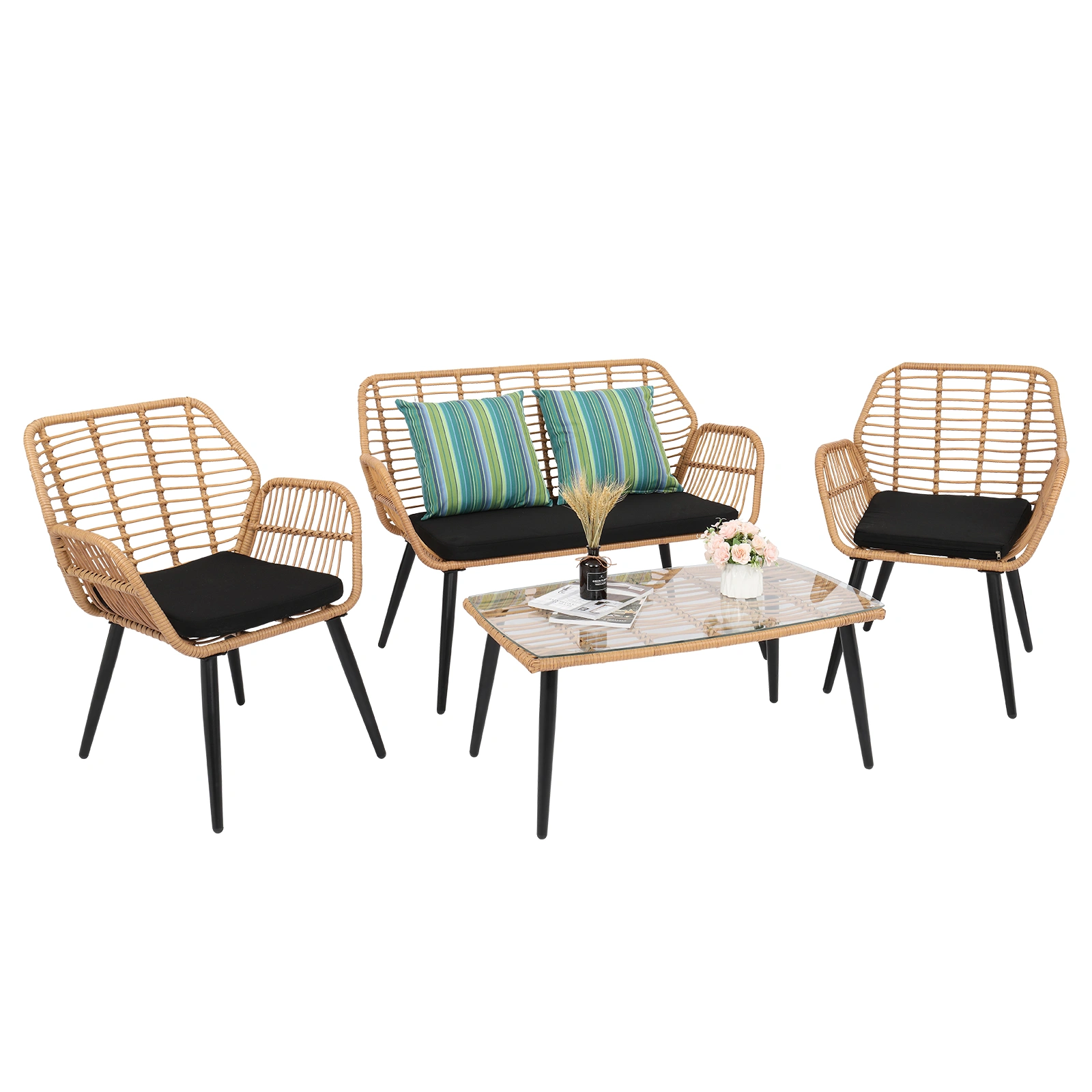 4-Piece PE Wicker Rattan Patio Furniture Set Outdoor Garden Sofa Chair with Steel Frame Yellow